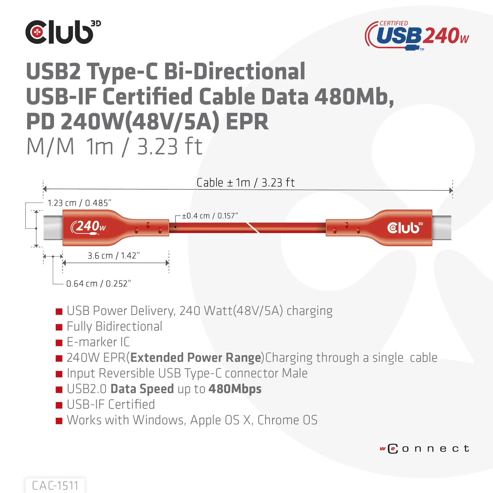 CLUB3D CAC-1511 câble USB USB 2.0 1 m USB C 0,48 Gbit/s 240 W Orange