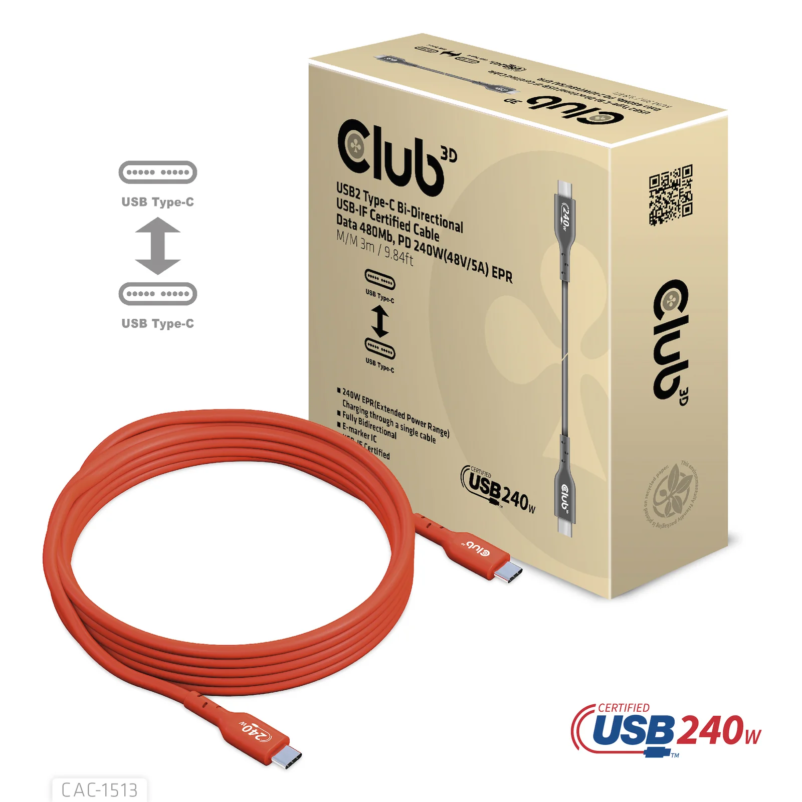 CLUB3D CAC-1513 câble USB USB 2.0 3 m USB C 240 W Orange
