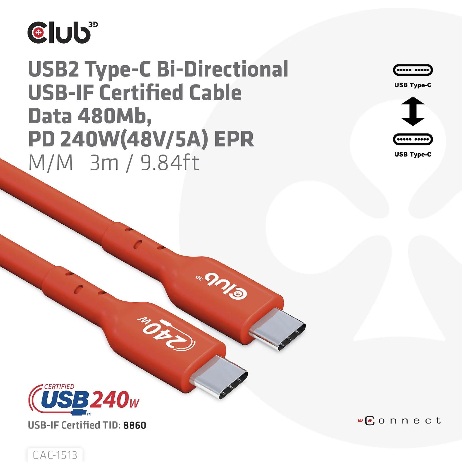 CLUB3D CAC-1513 câble USB USB 2.0 3 m USB C 240 W Orange