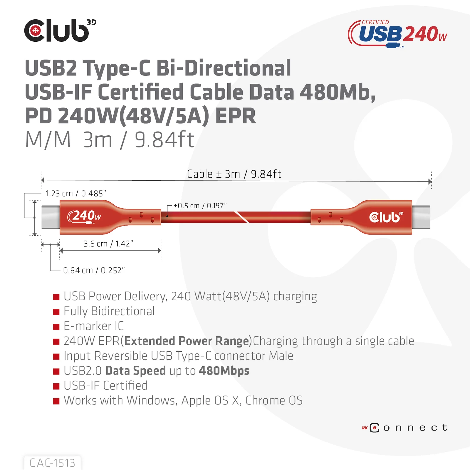 CLUB3D CAC-1513 câble USB USB 2.0 3 m USB C 240 W Orange
