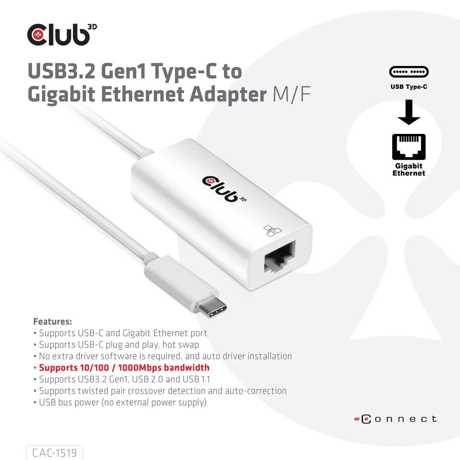 CLUB3D CAC-1519 changeur de genre de câble USB-C RJ-45 Blanc