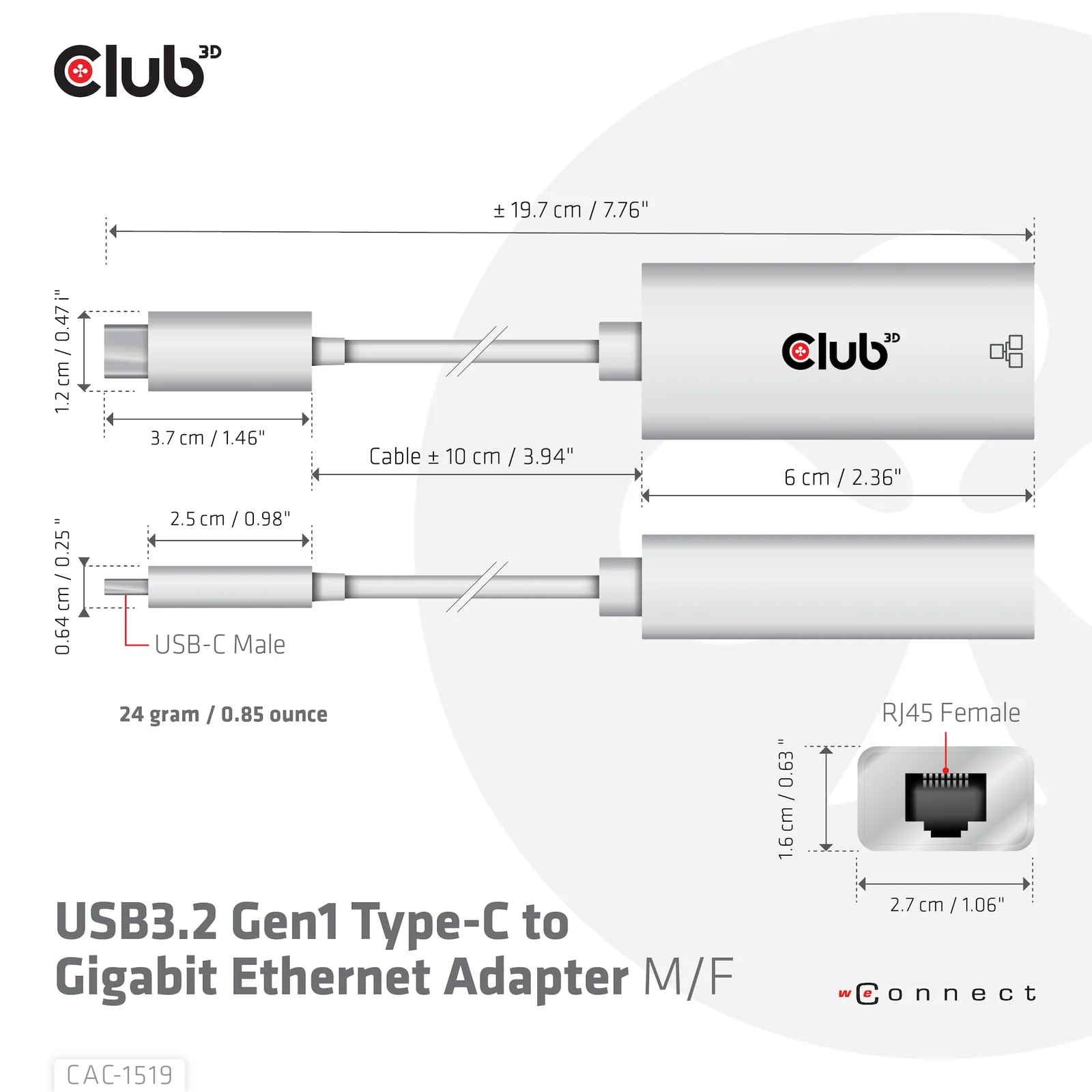 CLUB3D CAC-1519 changeur de genre de câble USB-C RJ-45 Blanc