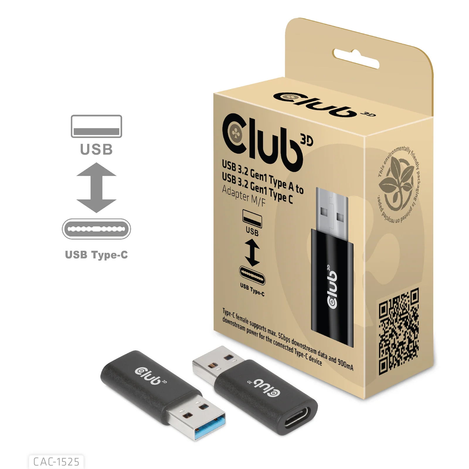 CLUB3D CAC-1525 changeur de genre de câble USB A USB TYPE C Noir
