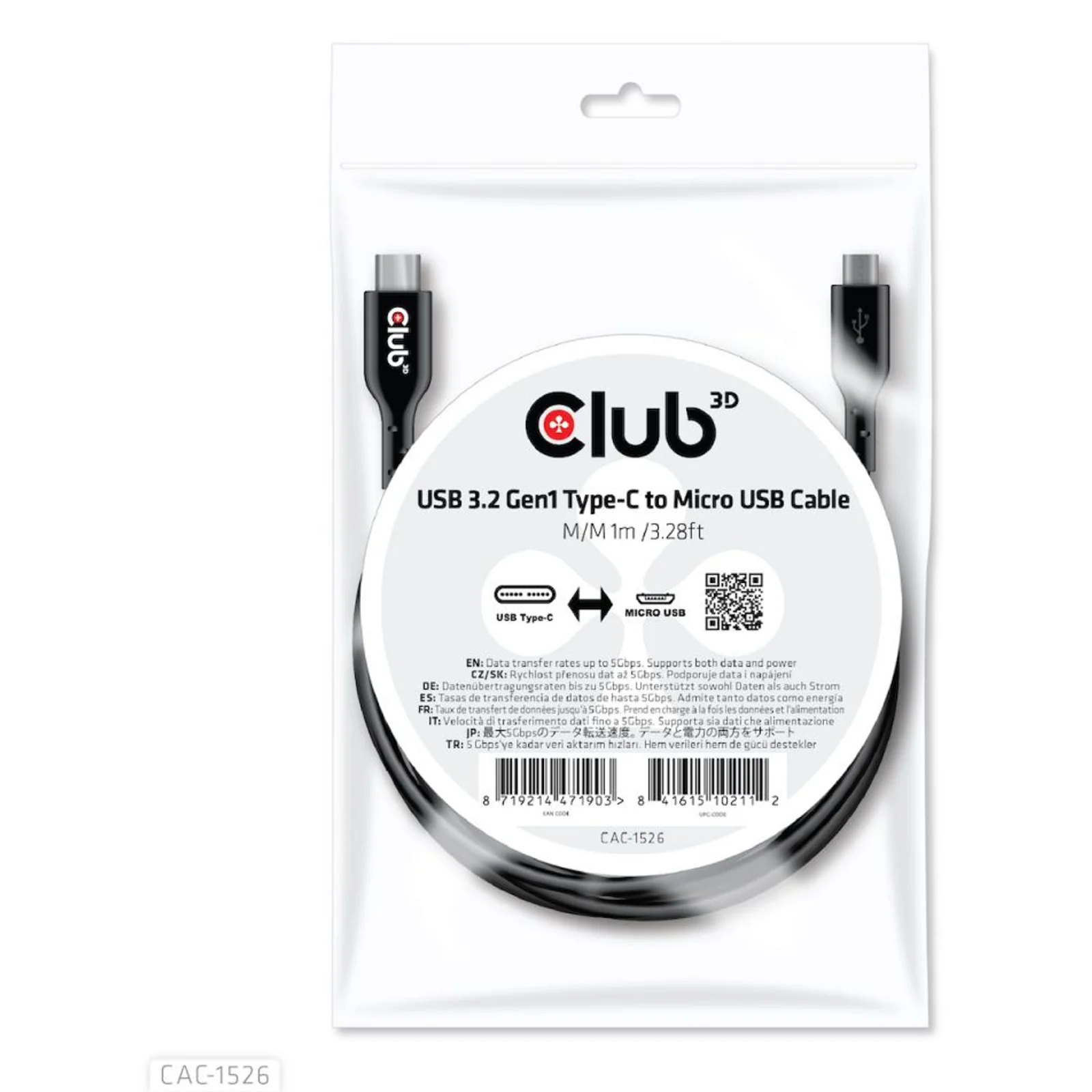 CLUB3D CAC-1526 câble USB USB 3.2 Gen 1 (3.1 Gen 1) 1 m USB C Micro-USB B 5 Gbit/s Noir