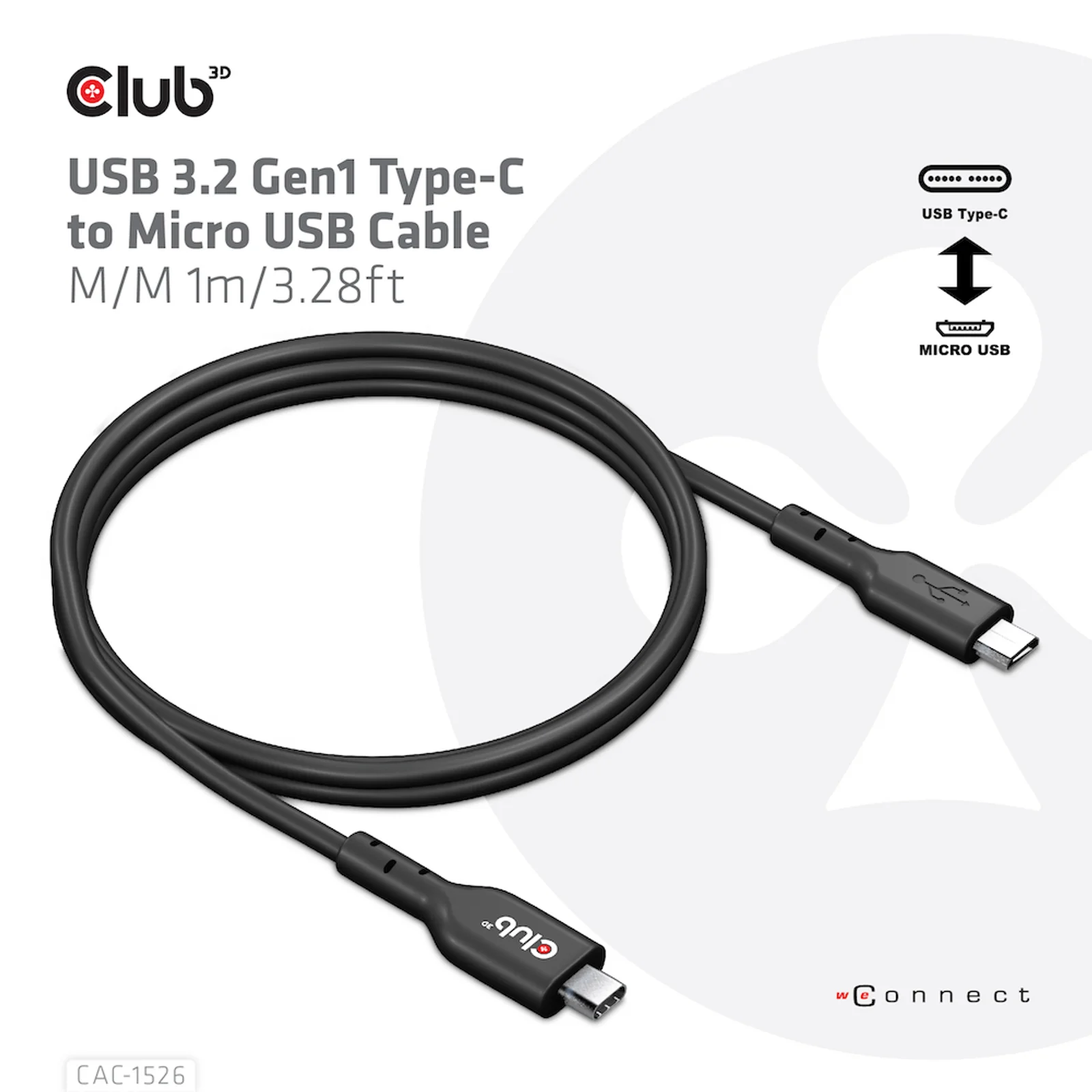CLUB3D CAC-1526 câble USB USB 3.2 Gen 1 (3.1 Gen 1) 1 m USB C Micro-USB B 5 Gbit/s Noir