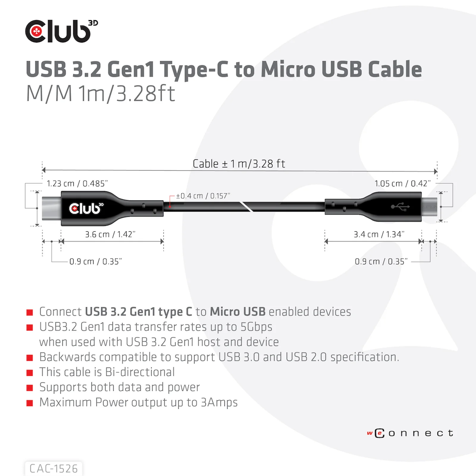 CLUB3D CAC-1526 câble USB USB 3.2 Gen 1 (3.1 Gen 1) 1 m USB C Micro-USB B 5 Gbit/s Noir