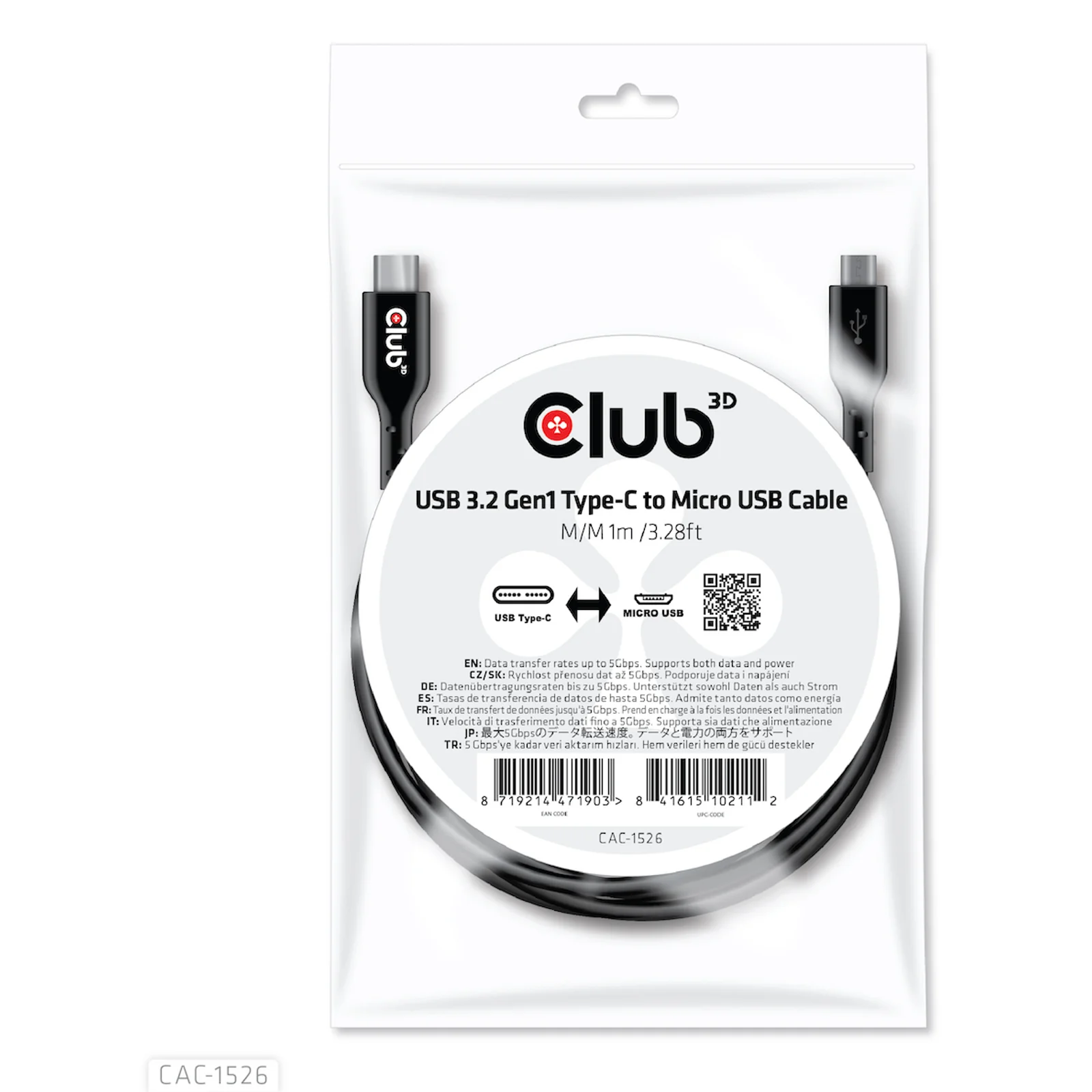 CLUB3D CAC-1526 câble USB USB 3.2 Gen 1 (3.1 Gen 1) 1 m USB C Micro-USB B 5 Gbit/s Noir