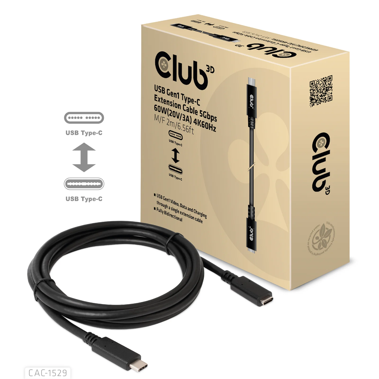 CLUB3D CAC-1529 câble USB USB 3.2 Gen 1 (3.1 Gen 1) 2 m USB C 5 Gbit/s 60 W Noir
