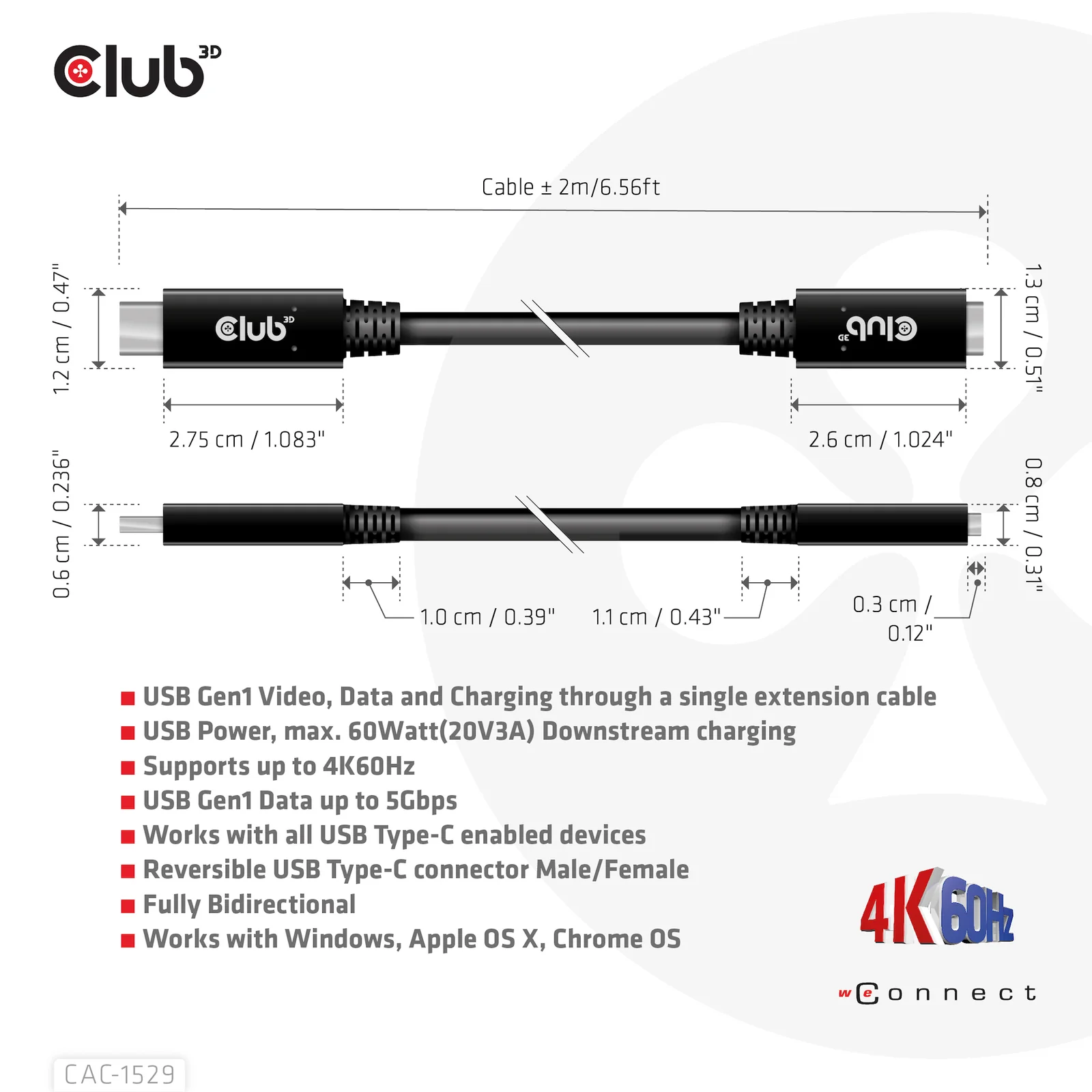 CLUB3D CAC-1529 câble USB USB 3.2 Gen 1 (3.1 Gen 1) 2 m USB C 5 Gbit/s 60 W Noir