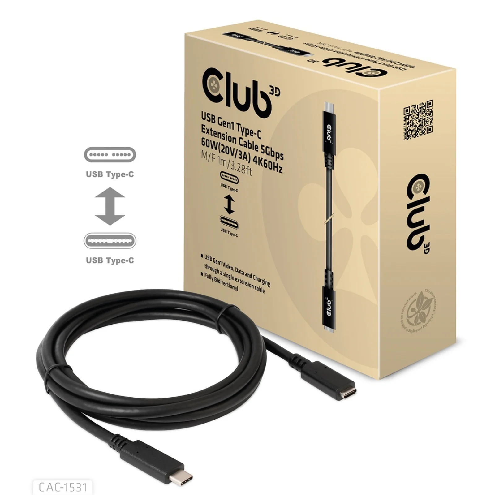 CLUB3D CAC-1531 câble USB 1 m USB C 2 x USB C 5 Gbit/s 60 W Noir