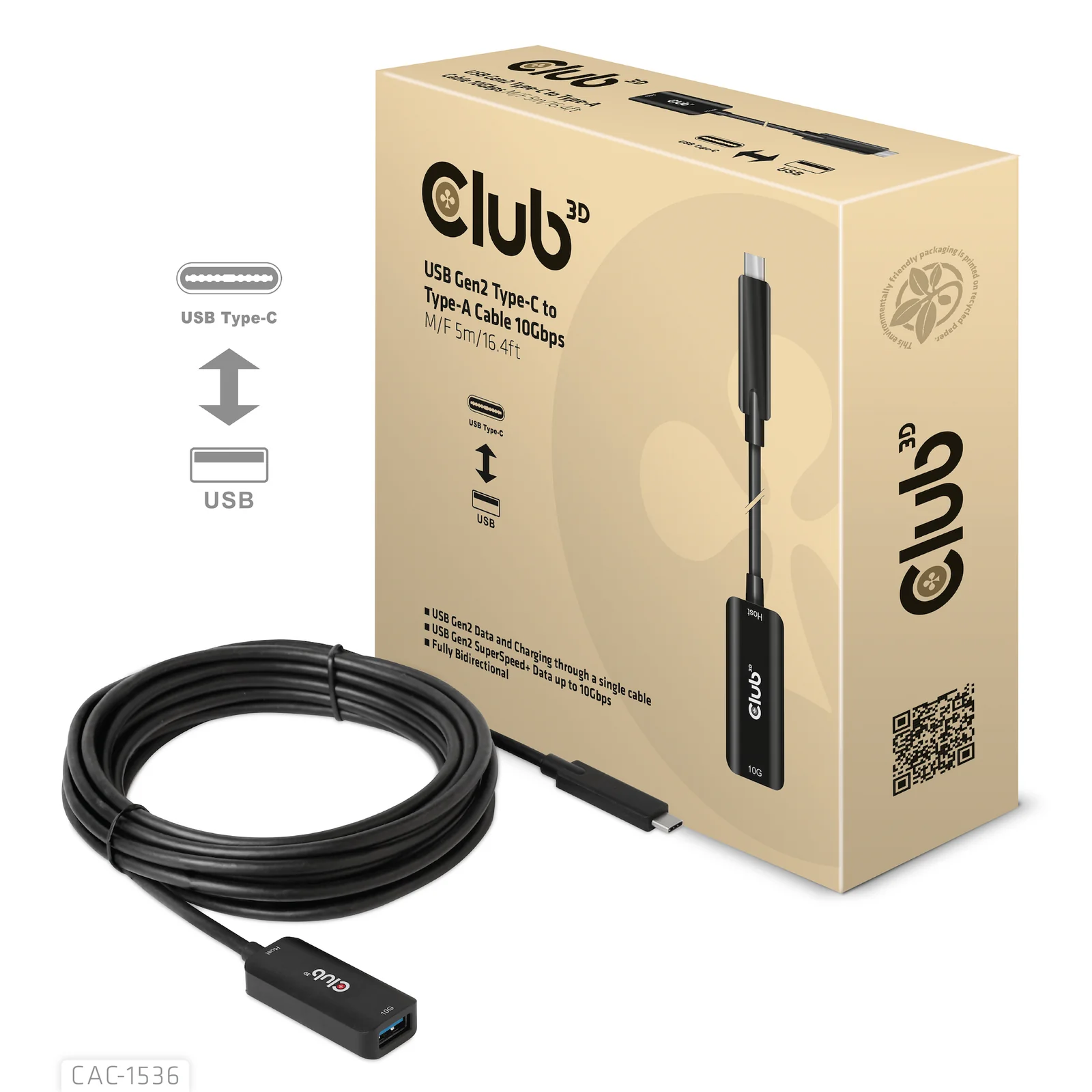CLUB3D CAC-1536 câble USB USB 3.2 Gen 2 (3.1 Gen 2) 5 m USB C USB A 10 Gbit/s Noir