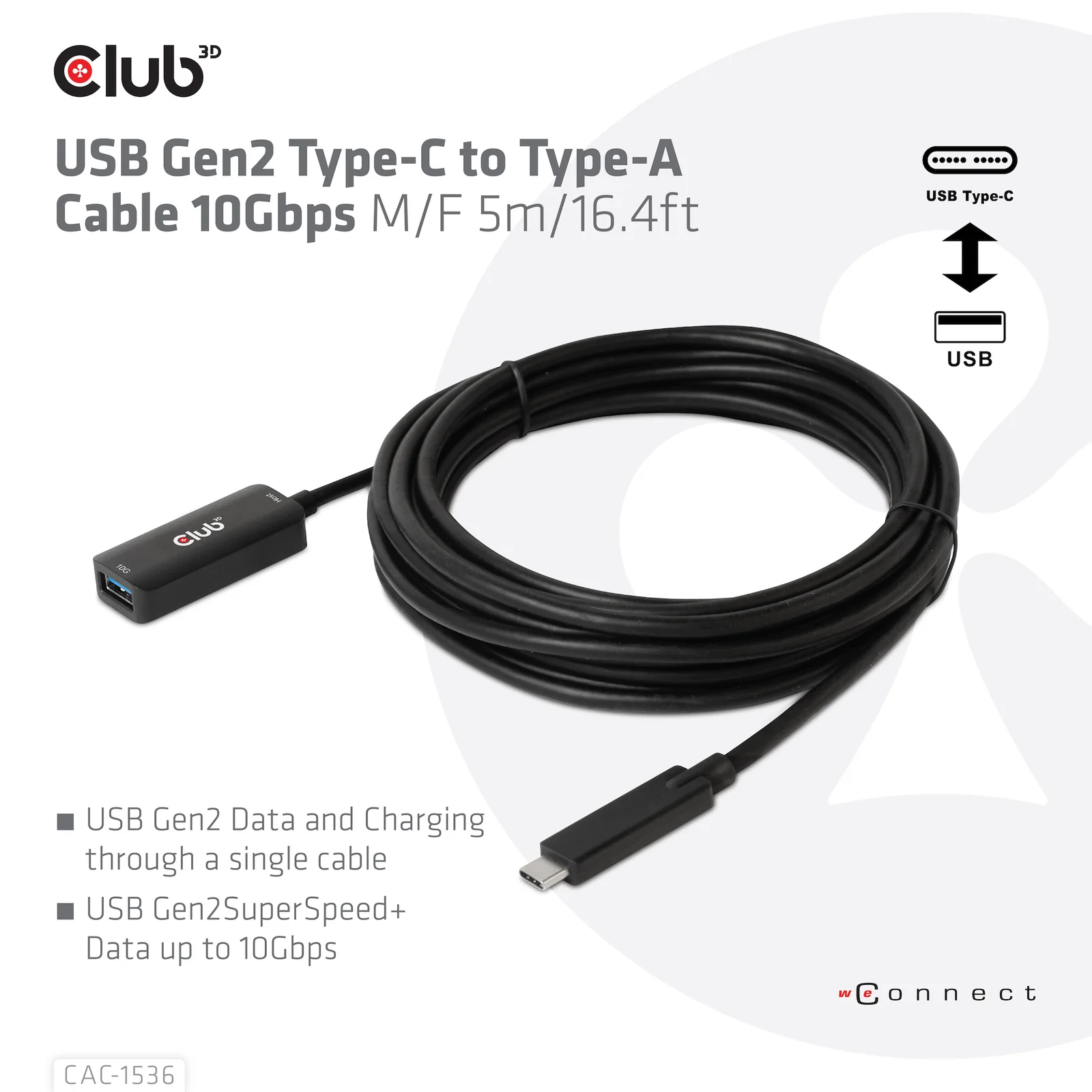 CLUB3D CAC-1536 câble USB USB 3.2 Gen 2 (3.1 Gen 2) 5 m USB C USB A 10 Gbit/s Noir