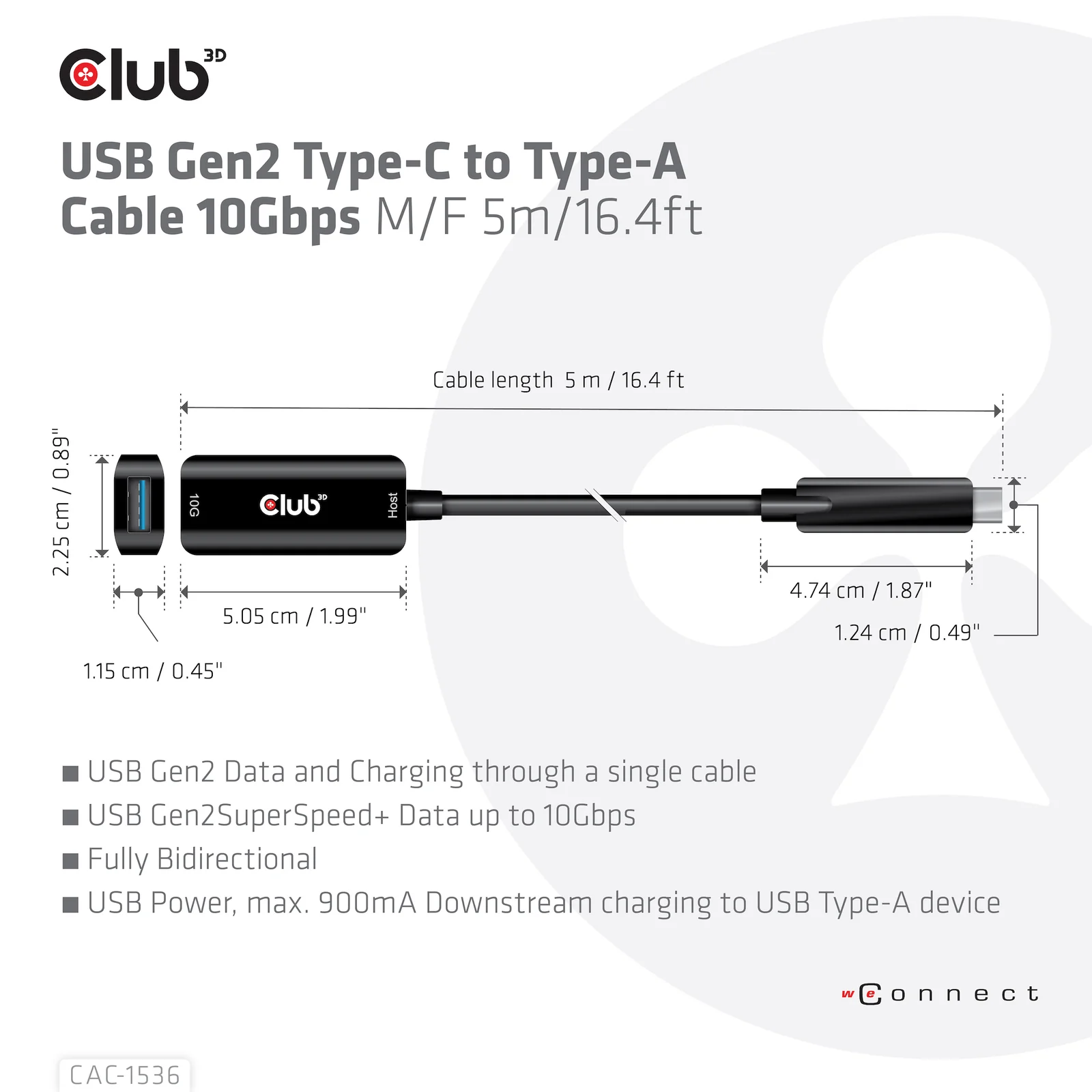 CLUB3D CAC-1536 câble USB USB 3.2 Gen 2 (3.1 Gen 2) 5 m USB C USB A 10 Gbit/s Noir