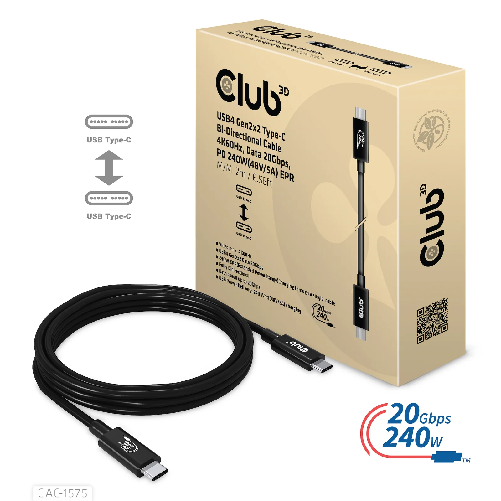 CLUB3D CAC-1575 câble USB USB4 Gen 2x2 2 m USB C 20 Gbit/s 240 W Noir