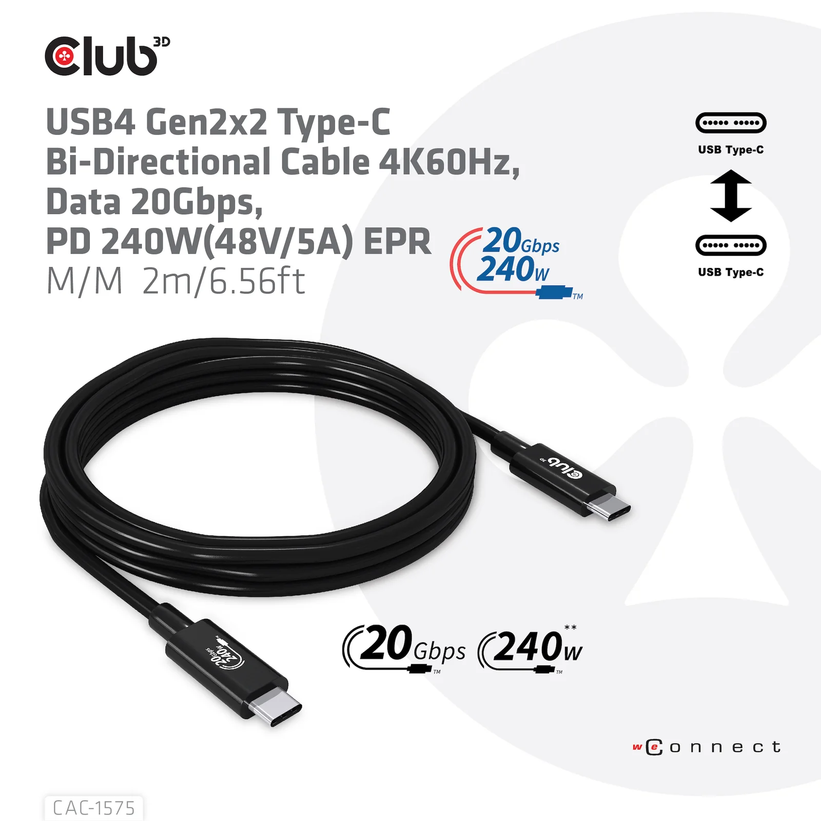 CLUB3D CAC-1575 câble USB USB4 Gen 2x2 2 m USB C 20 Gbit/s 240 W Noir
