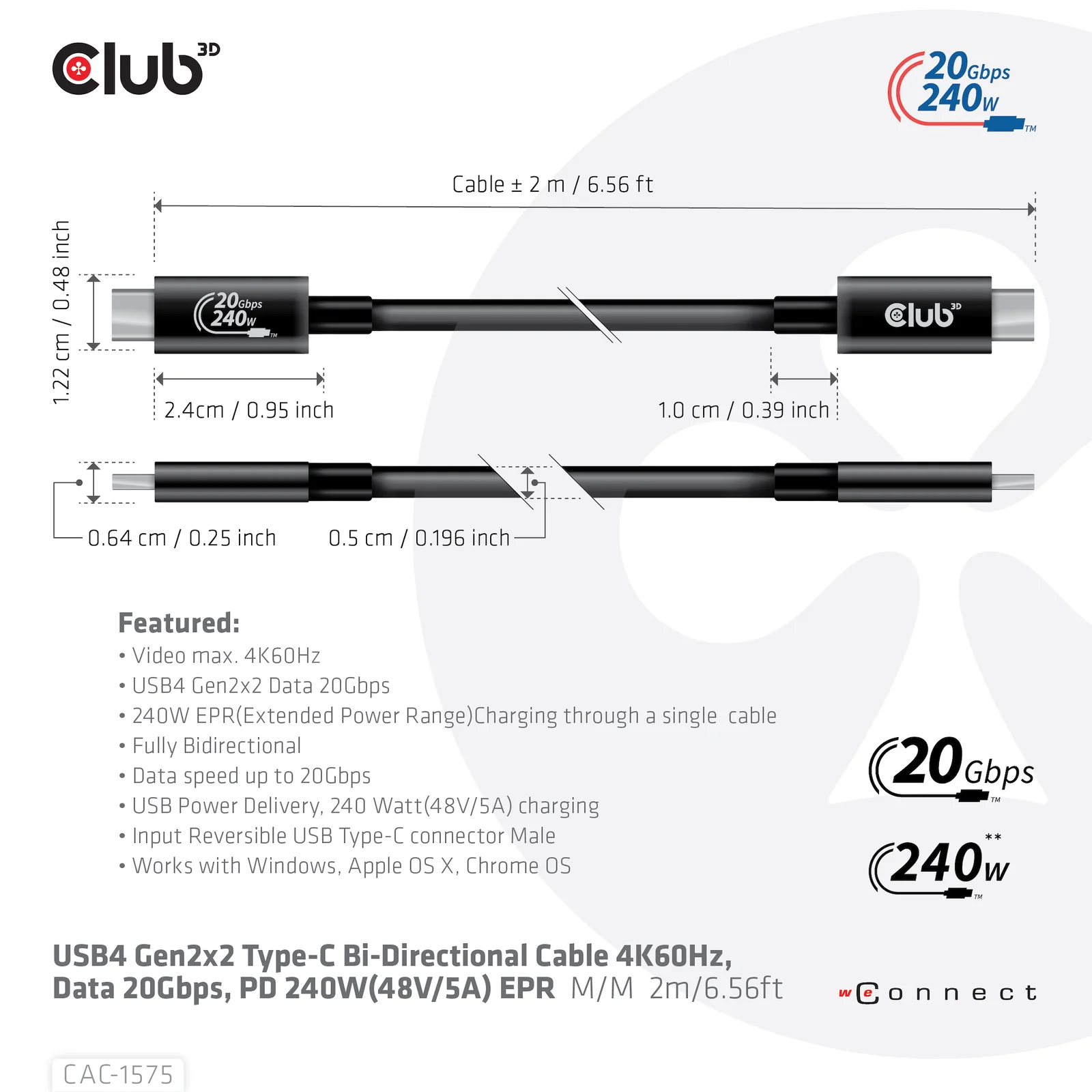 CLUB3D CAC-1575 câble USB USB4 Gen 2x2 2 m USB C 20 Gbit/s 240 W Noir