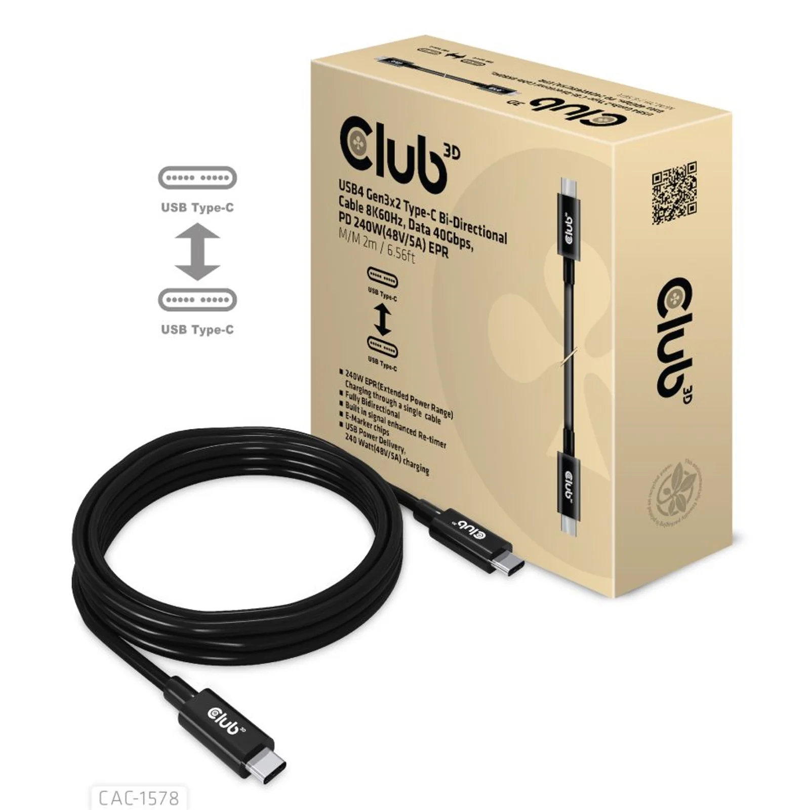 CLUB3D CAC-1578 câble USB USB4 Gen 3x2 2 m USB C 40 Gbit/s 240 W Noir