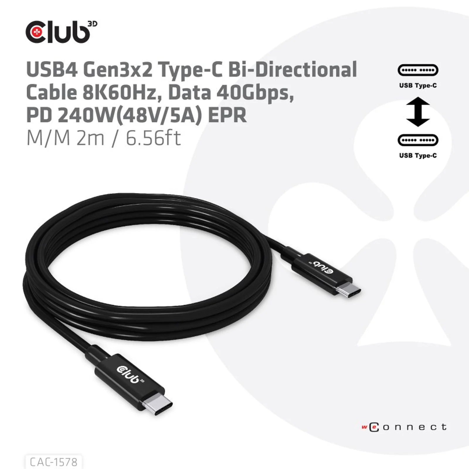 CLUB3D CAC-1578 câble USB USB4 Gen 3x2 2 m USB C 40 Gbit/s 240 W Noir
