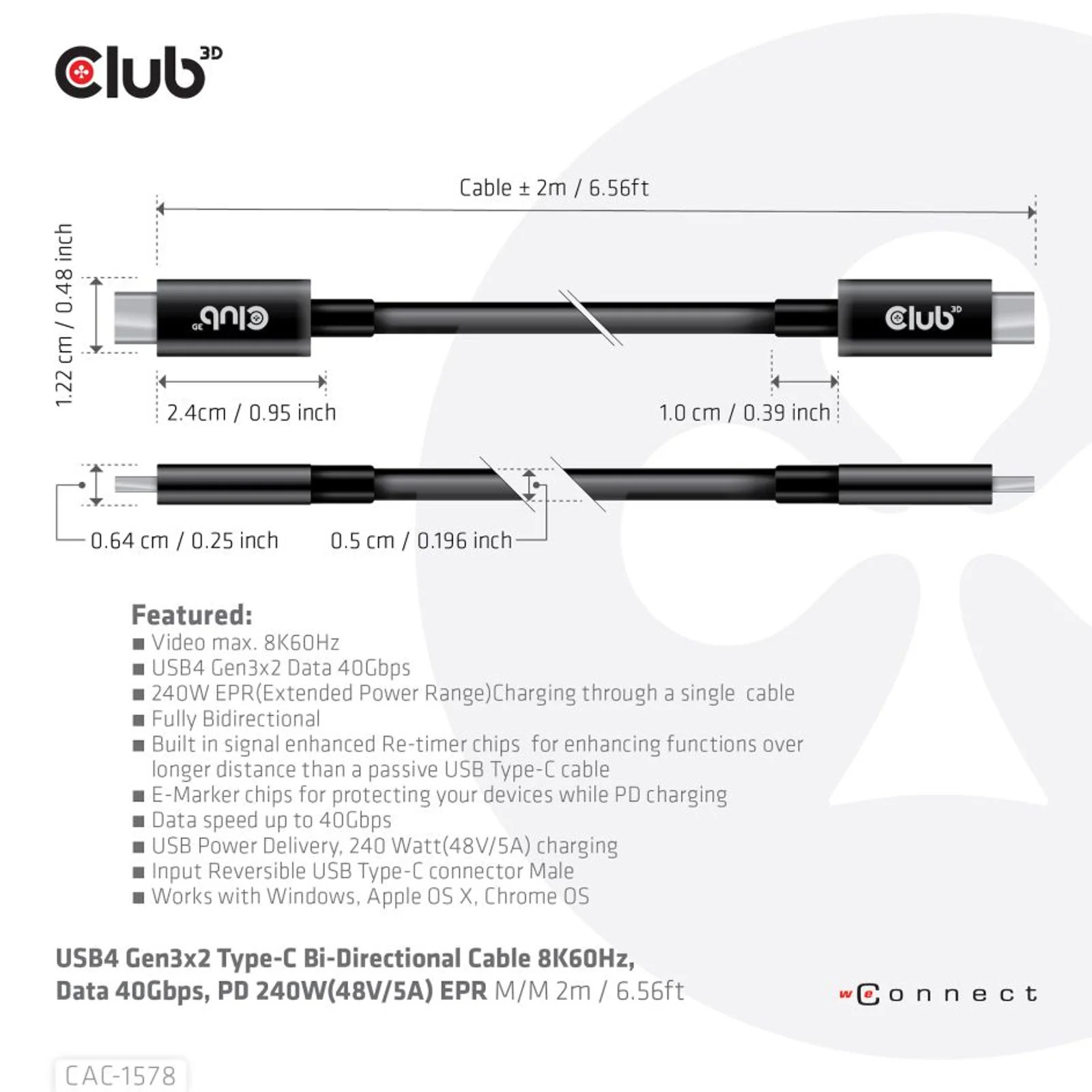 CLUB3D CAC-1578 câble USB USB4 Gen 3x2 2 m USB C 40 Gbit/s 240 W Noir