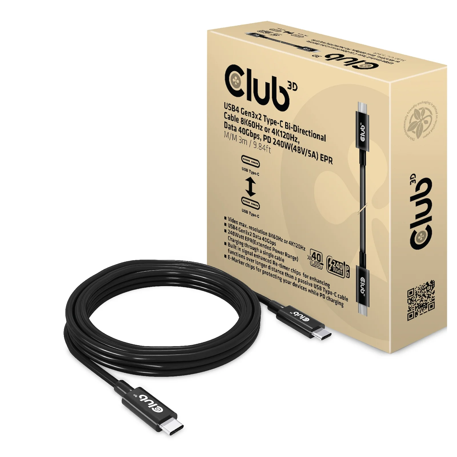 CLUB3D CAC-1579 câble USB USB4 Gen 3x2 3 m USB C 40 Gbit/s 240 W Noir