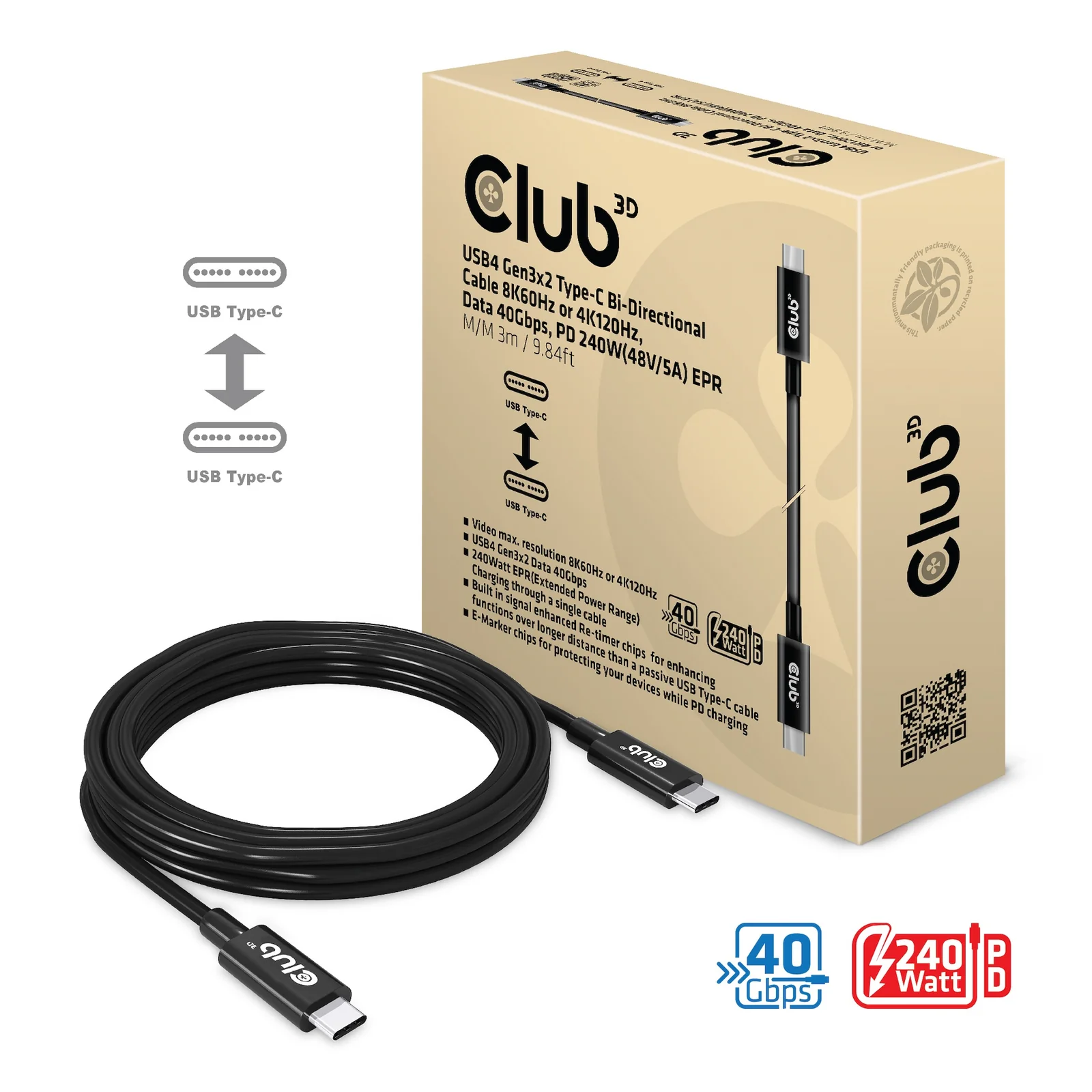 CLUB3D CAC-1579 câble USB USB4 Gen 3x2 3 m USB C 40 Gbit/s 240 W Noir