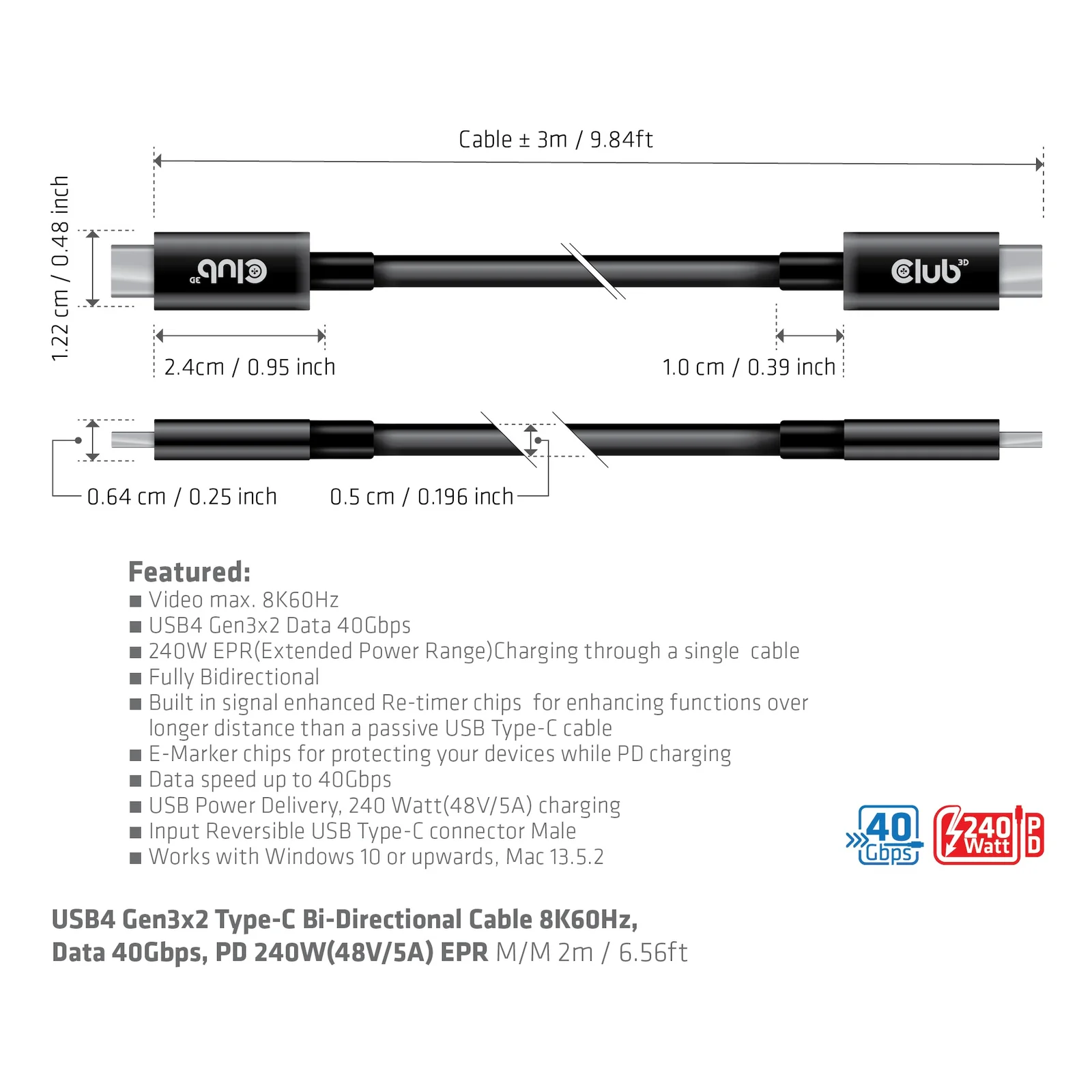 CLUB3D CAC-1579 câble USB USB4 Gen 3x2 3 m USB C 40 Gbit/s 240 W Noir