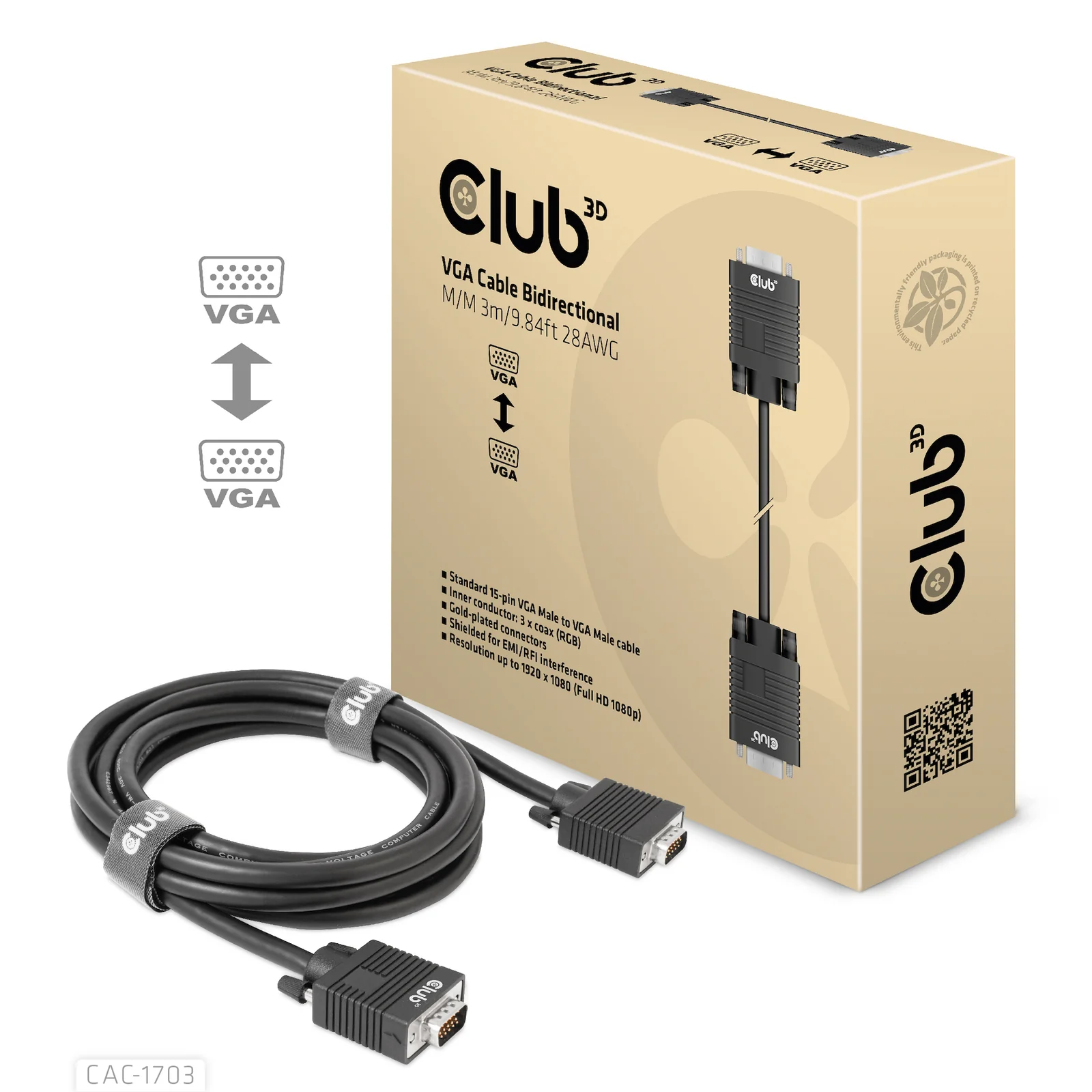 CLUB3D CAC-1703 câble VGA 3 m VGA (D-Sub) Noir
