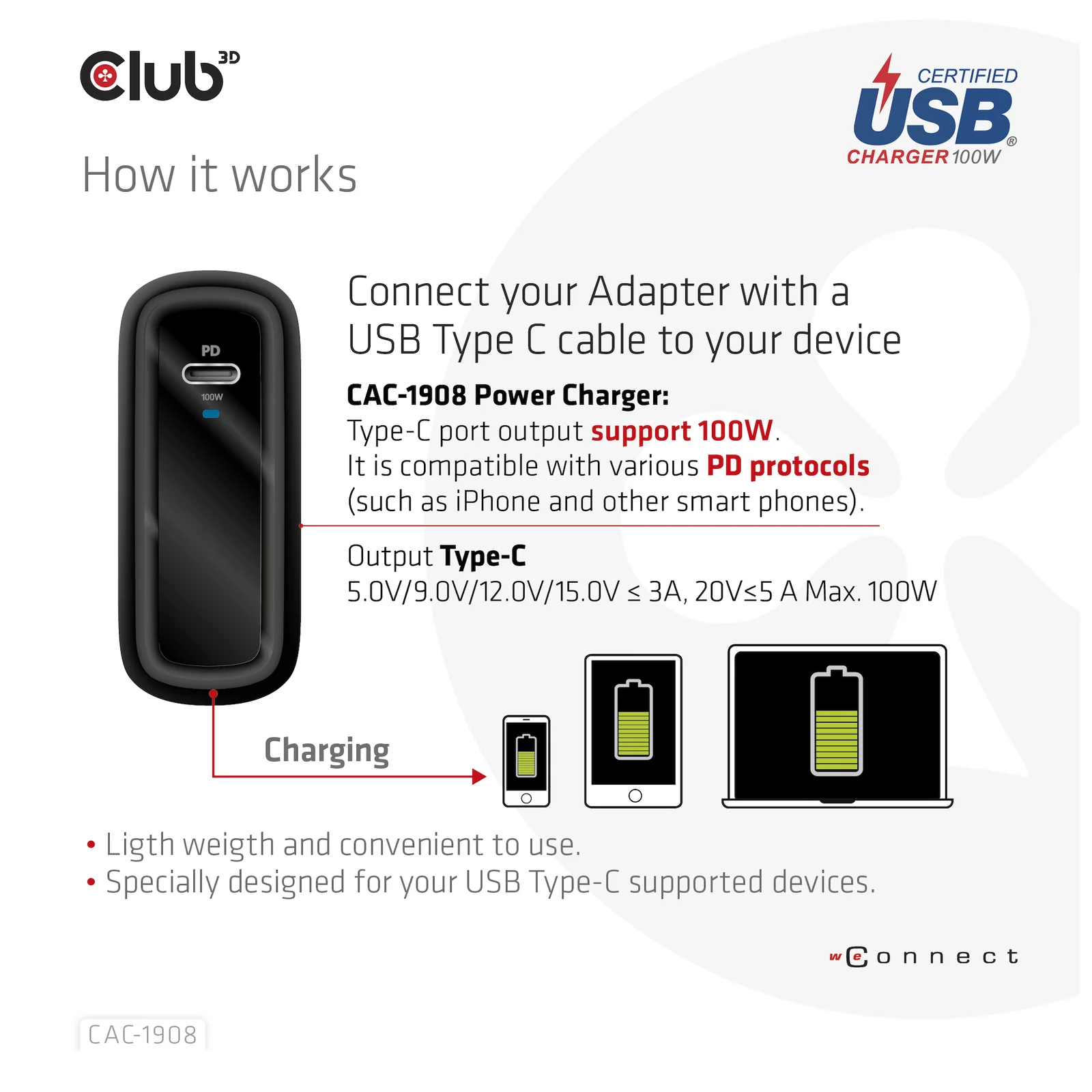 CLUB3D CAC-1908 chargeur d'appareils mobiles Manettes de jeu, Ordinateur portable, Téléphone portable, Ordinateur portable, Consoles portables, Smartphone Noir USB Intérieure