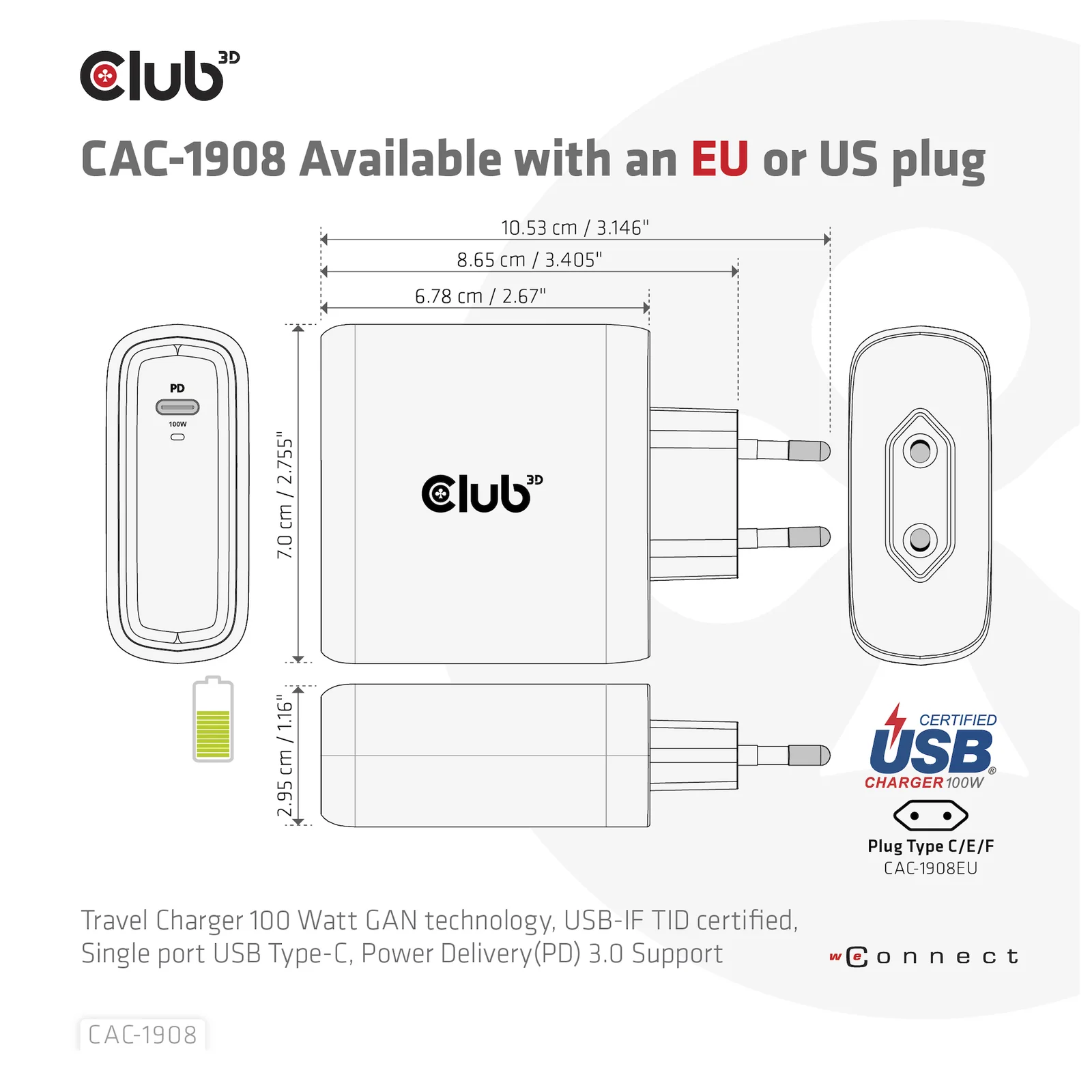 CLUB3D CAC-1908 chargeur d'appareils mobiles Manettes de jeu, Ordinateur portable, Téléphone portable, Ordinateur portable, Consoles portables, Smartphone Noir USB Intérieure