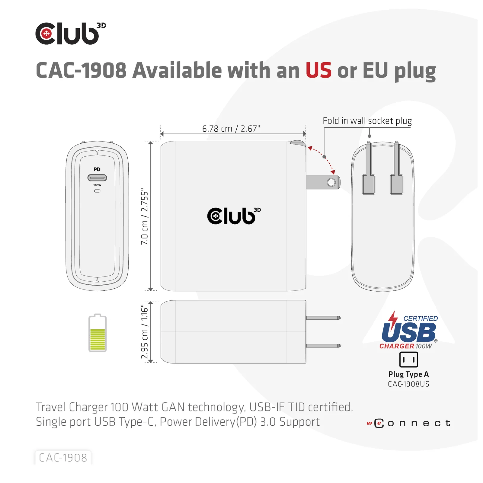 CLUB3D CAC-1908 chargeur d'appareils mobiles Manettes de jeu, Ordinateur portable, Téléphone portable, Ordinateur portable, Consoles portables, Smartphone Noir USB Intérieure