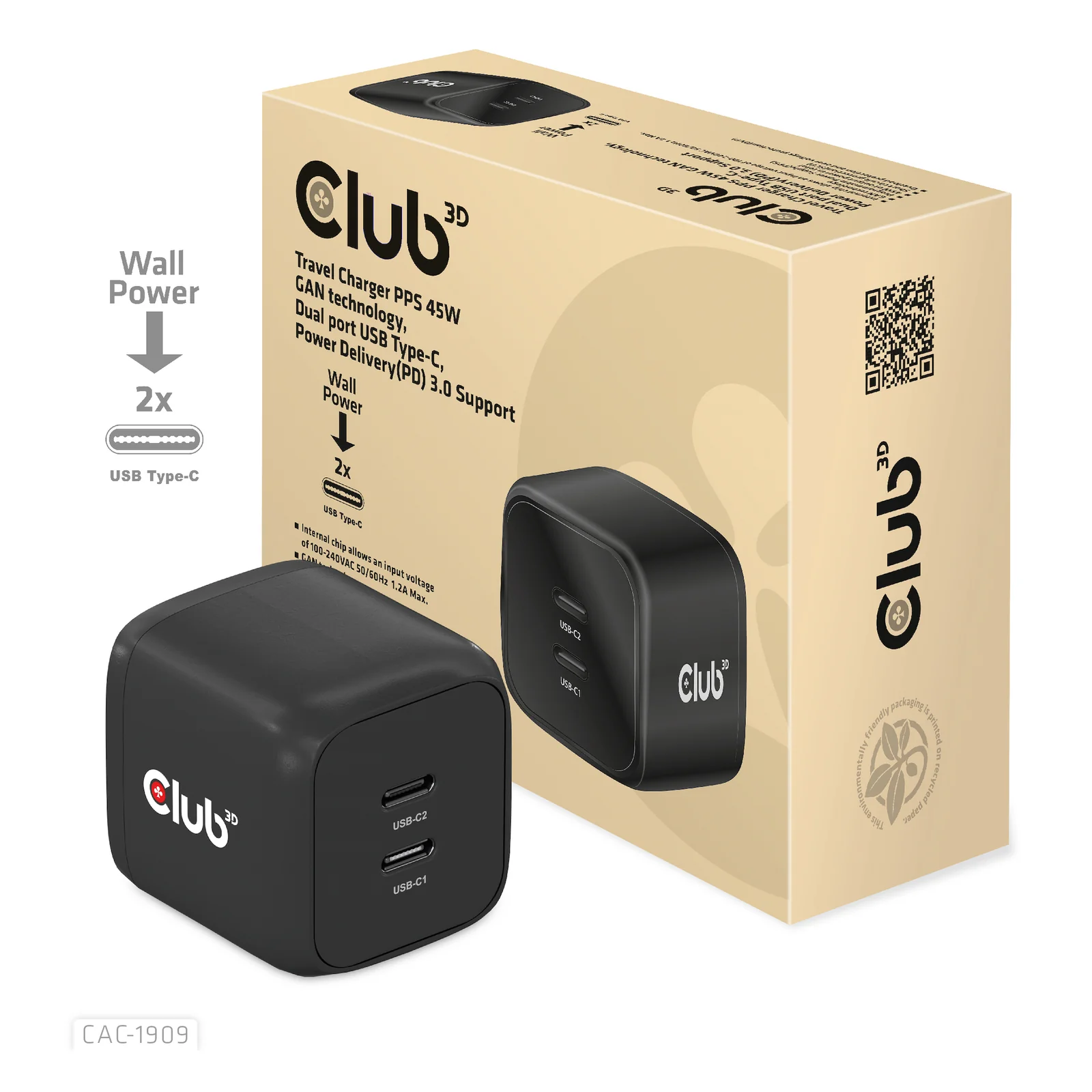 CLUB3D CAC-1909EU chargeur d'appareils mobiles Téléphone portable, Ordinateur portable, Smartphone Noir Secteur Intérieure