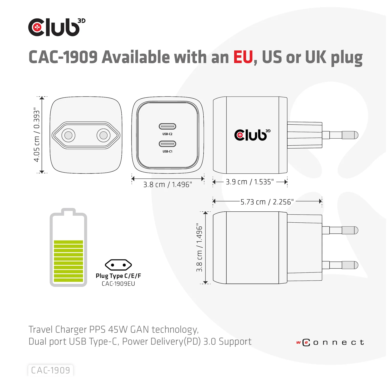 CLUB3D CAC-1909EU chargeur d'appareils mobiles Téléphone portable, Ordinateur portable, Smartphone Noir Secteur Intérieure