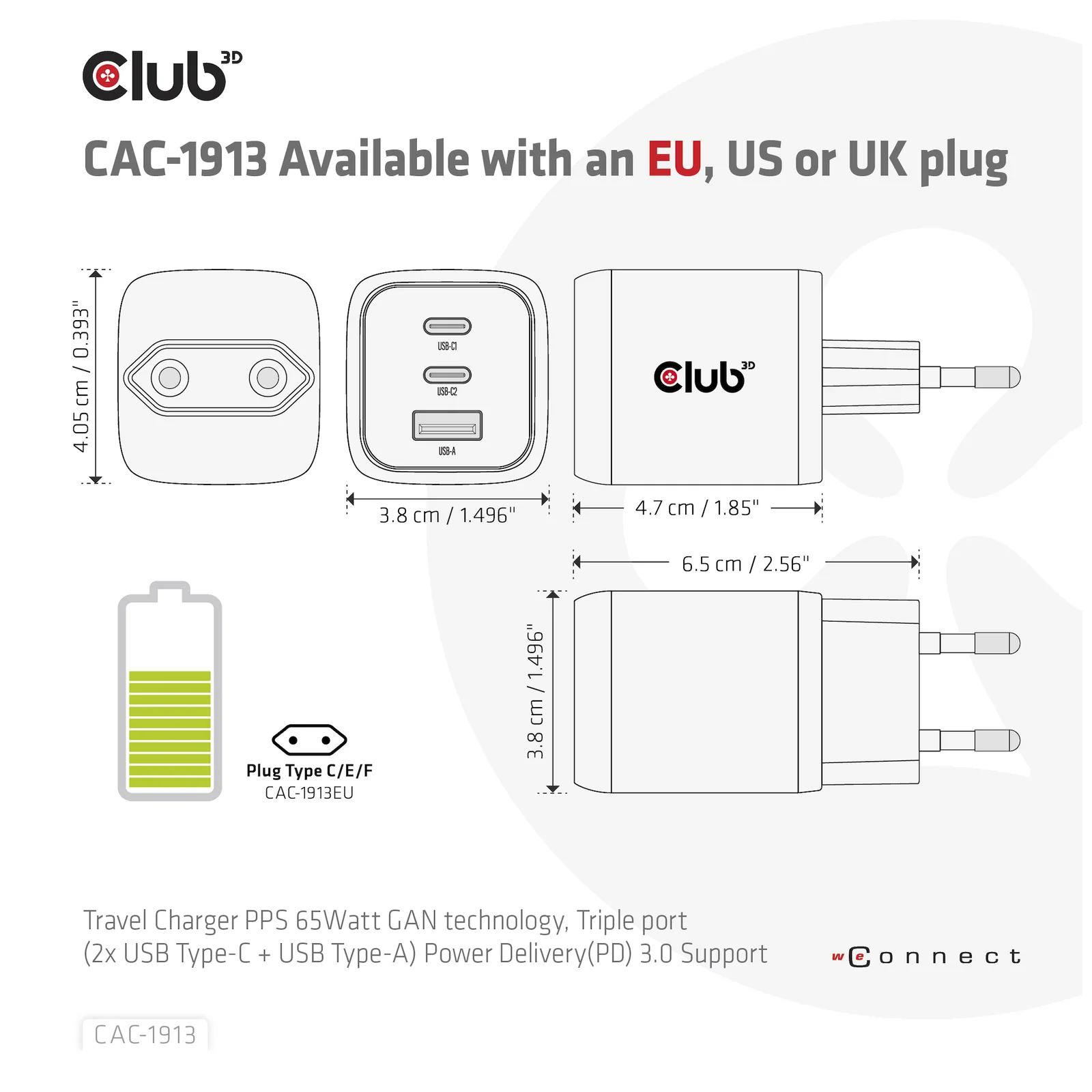 CLUB3D CAC-1913 chargeur d'appareils mobiles Téléphone portable, Ordinateur portable, Smartphone, Universel Noir Secteur Charge rapide Intérieure