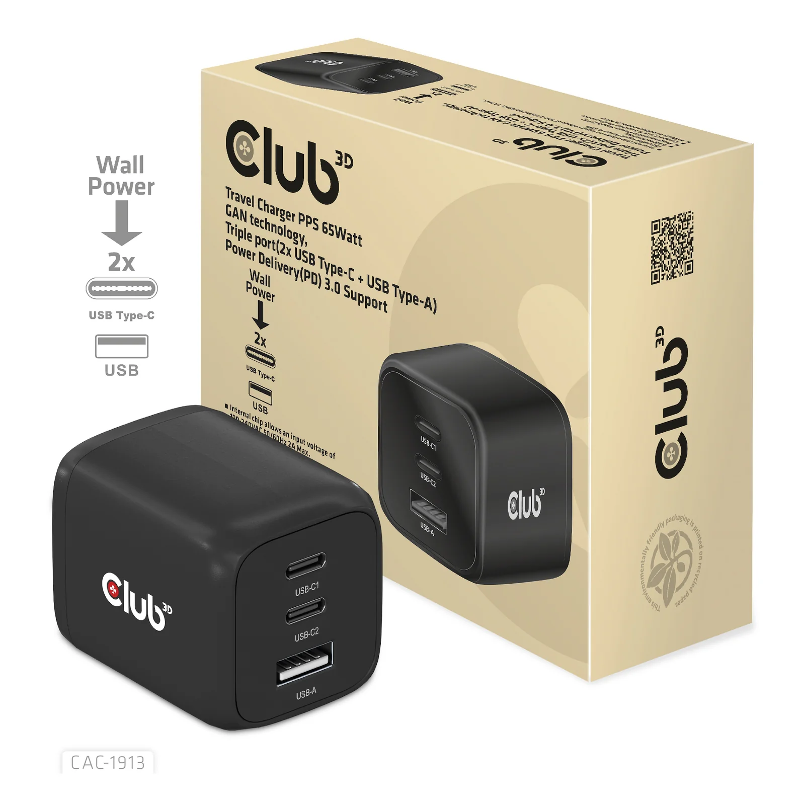 CLUB3D CAC-1913 chargeur d'appareils mobiles Téléphone portable, Ordinateur portable, Smartphone, Universel Noir Secteur Charge rapide Intérieure