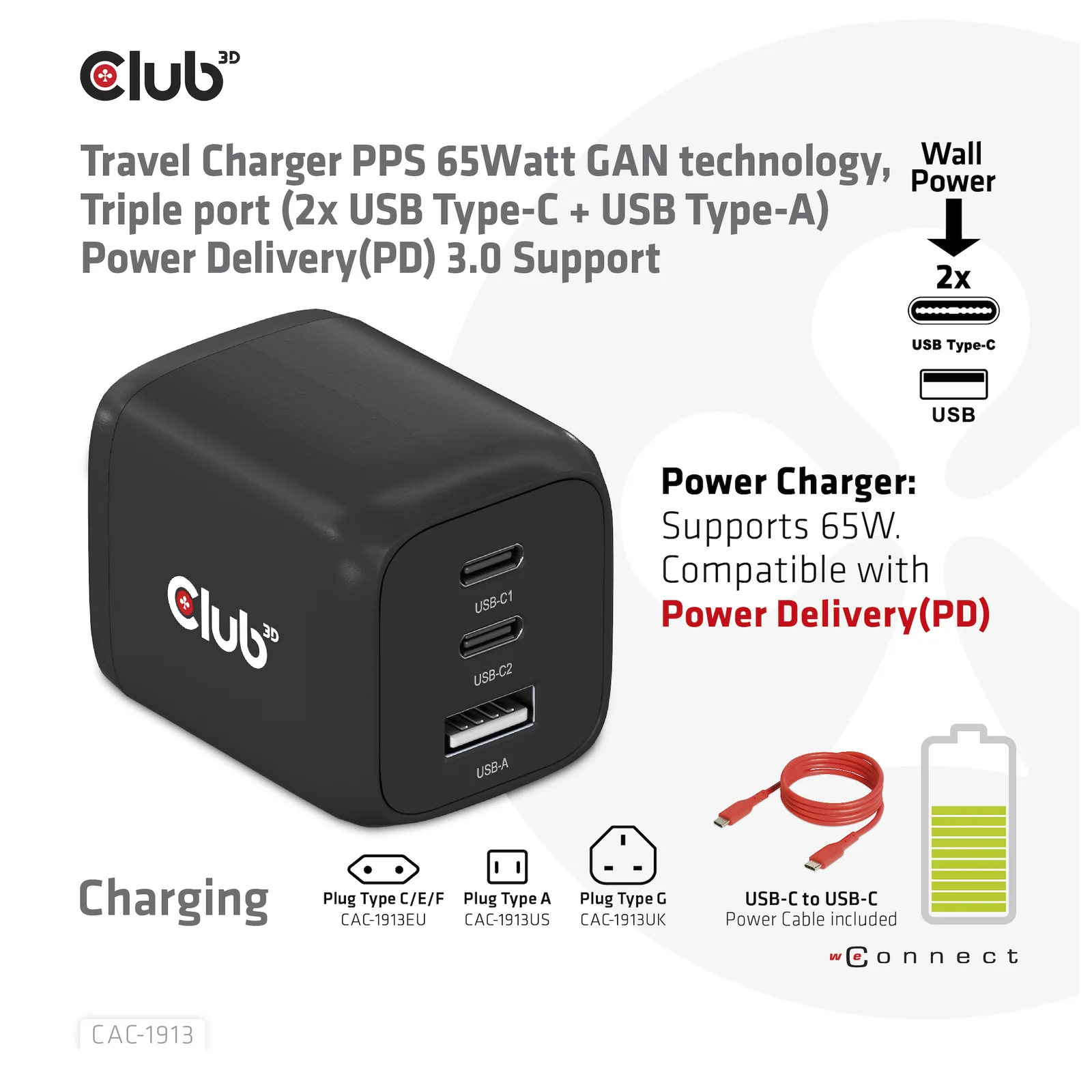 CLUB3D CAC-1913 chargeur d'appareils mobiles Téléphone portable, Ordinateur portable, Smartphone, Universel Noir Secteur Charge rapide Intérieure