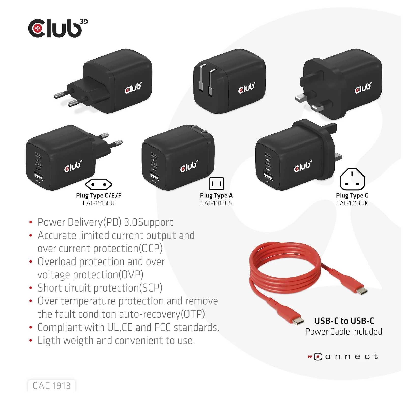 CLUB3D CAC-1913 chargeur d'appareils mobiles Téléphone portable, Ordinateur portable, Smartphone, Universel Noir Secteur Charge rapide Intérieure