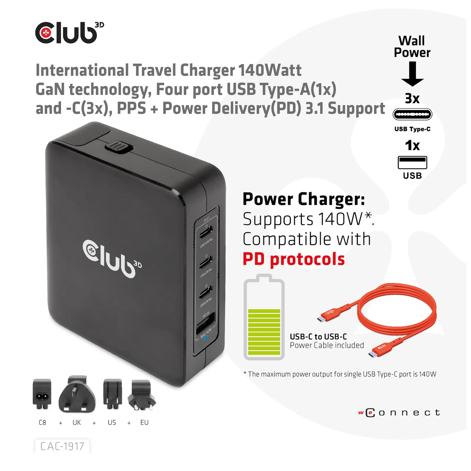 CLUB3D CAC-1917 chargeur d'appareils mobiles Universel Noir Secteur Charge rapide Intérieure