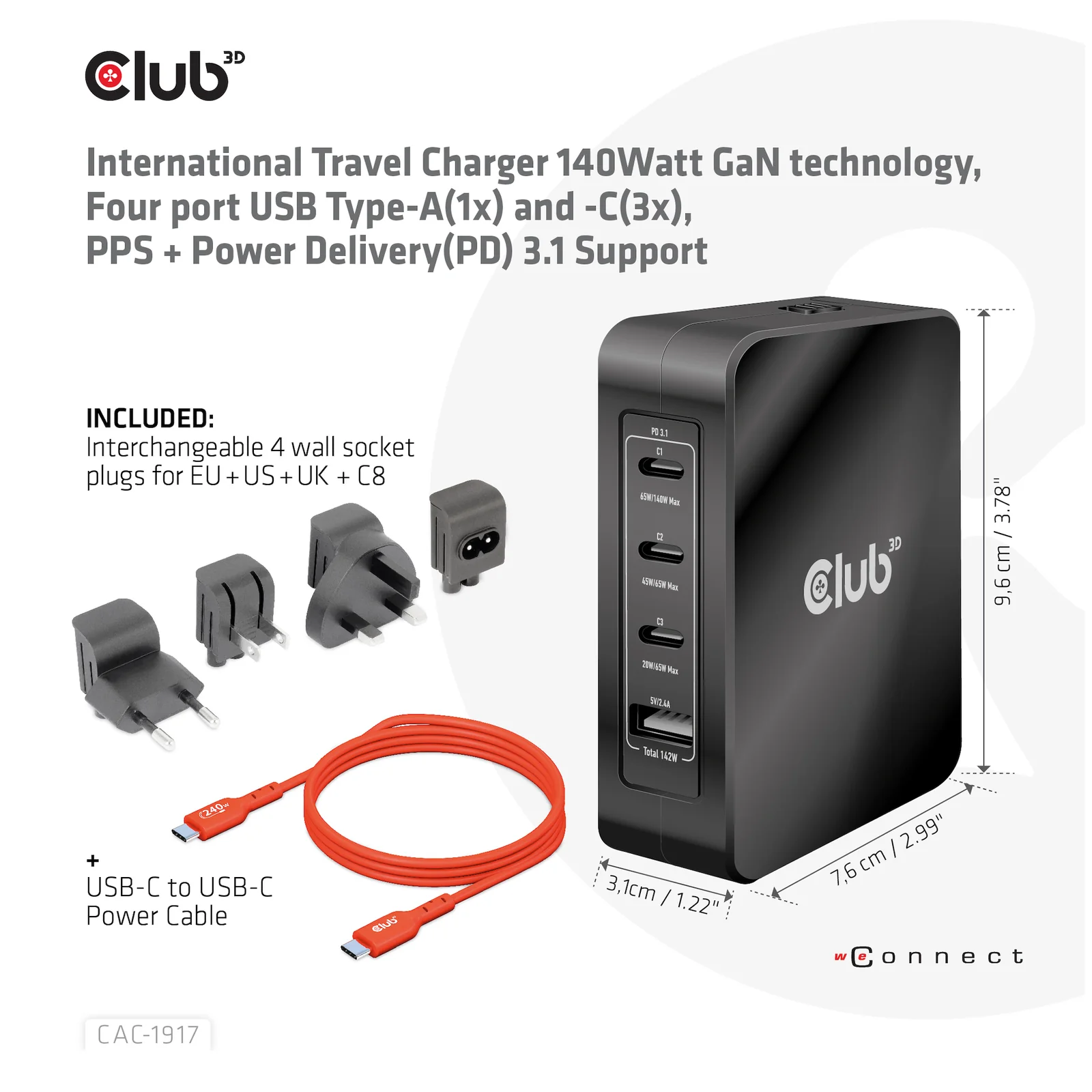 CLUB3D CAC-1917 chargeur d'appareils mobiles Universel Noir Secteur Charge rapide Intérieure