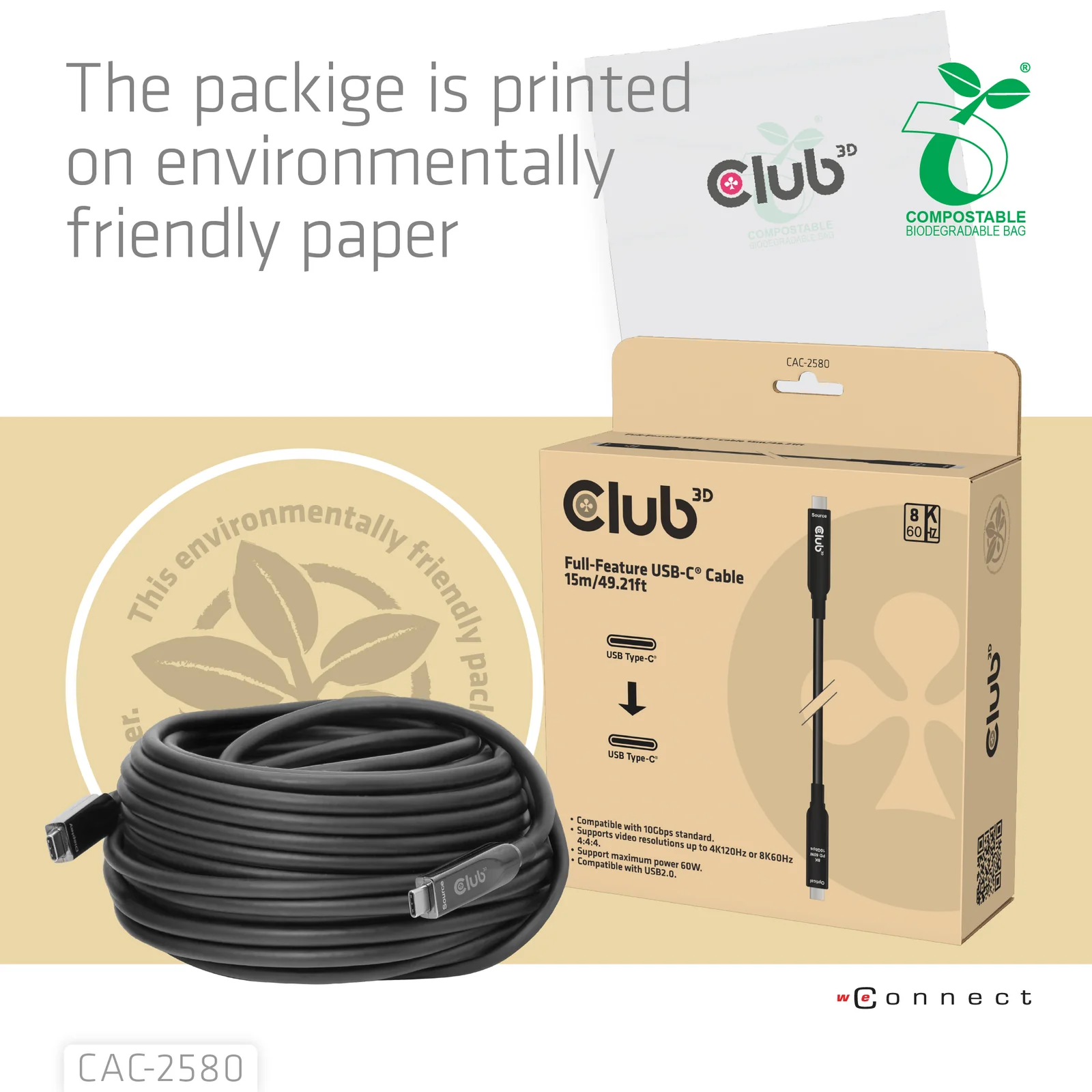 CLUB3D CAC-2580 câble USB 15 m USB C 10 Gbit/s 60 W Noir