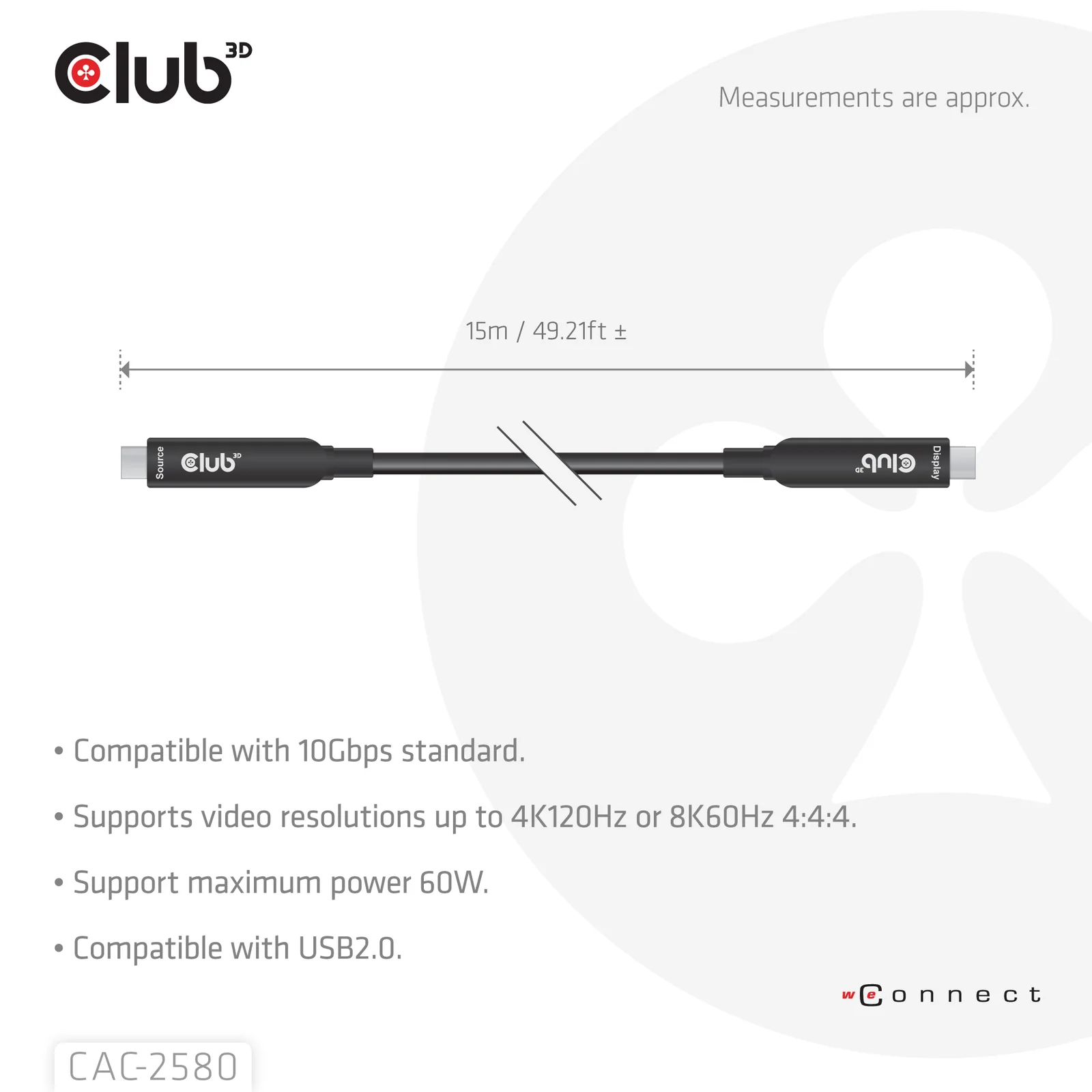 CLUB3D CAC-2580 câble USB 15 m USB C 10 Gbit/s 60 W Noir