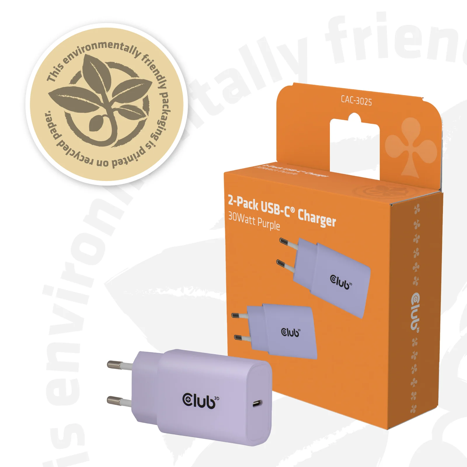 CLUB3D CAC-3025 chargeur d'appareils mobiles Smartphone, Universel Violet Secteur Charge rapide Intérieure