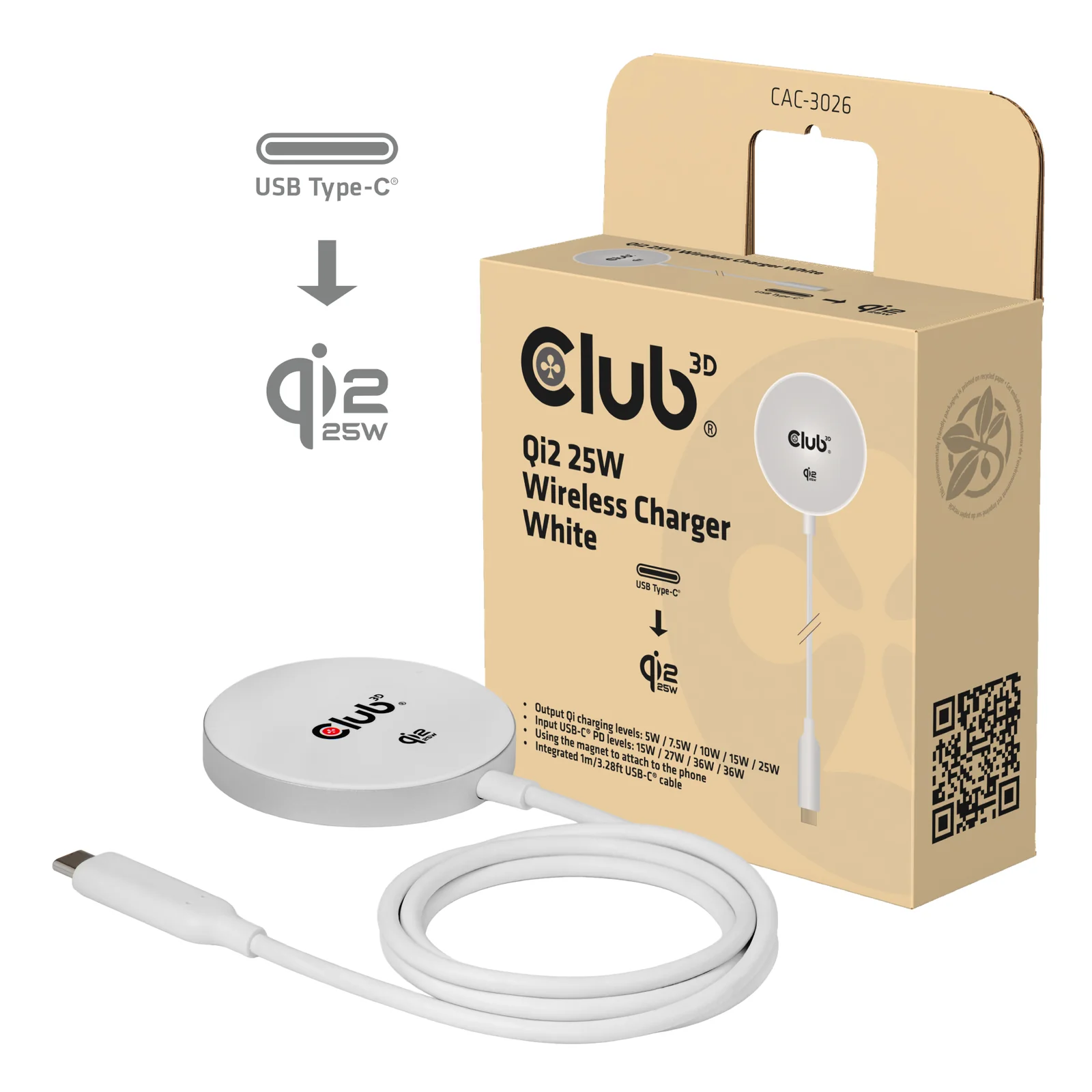 CLUB3D CAC-3026 chargeur d'appareils mobiles Téléphone portable, Smartphone Blanc USB Recharge sans fil Charge rapide Intérieure