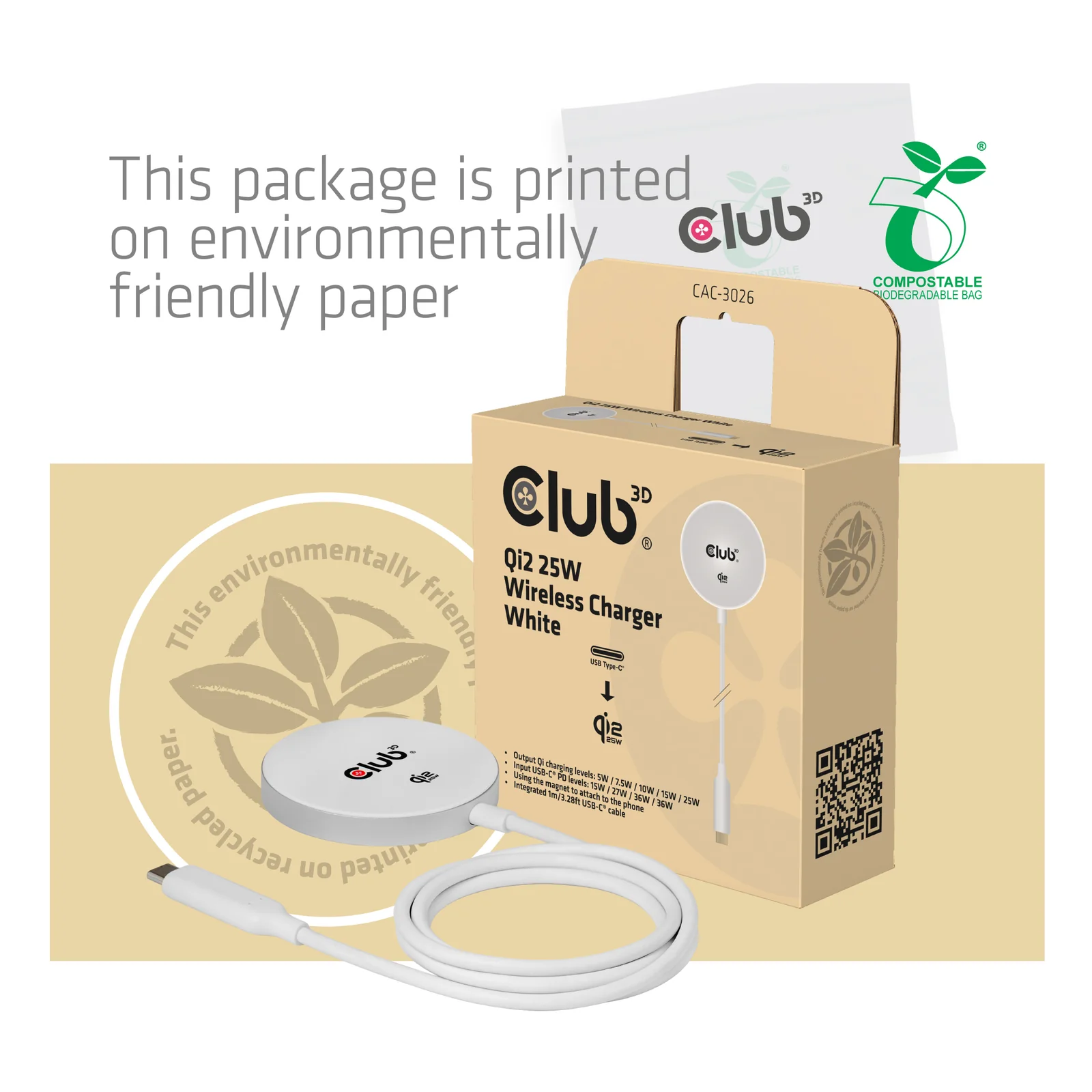 CLUB3D CAC-3026 chargeur d'appareils mobiles Téléphone portable, Smartphone Blanc USB Recharge sans fil Charge rapide Intérieure