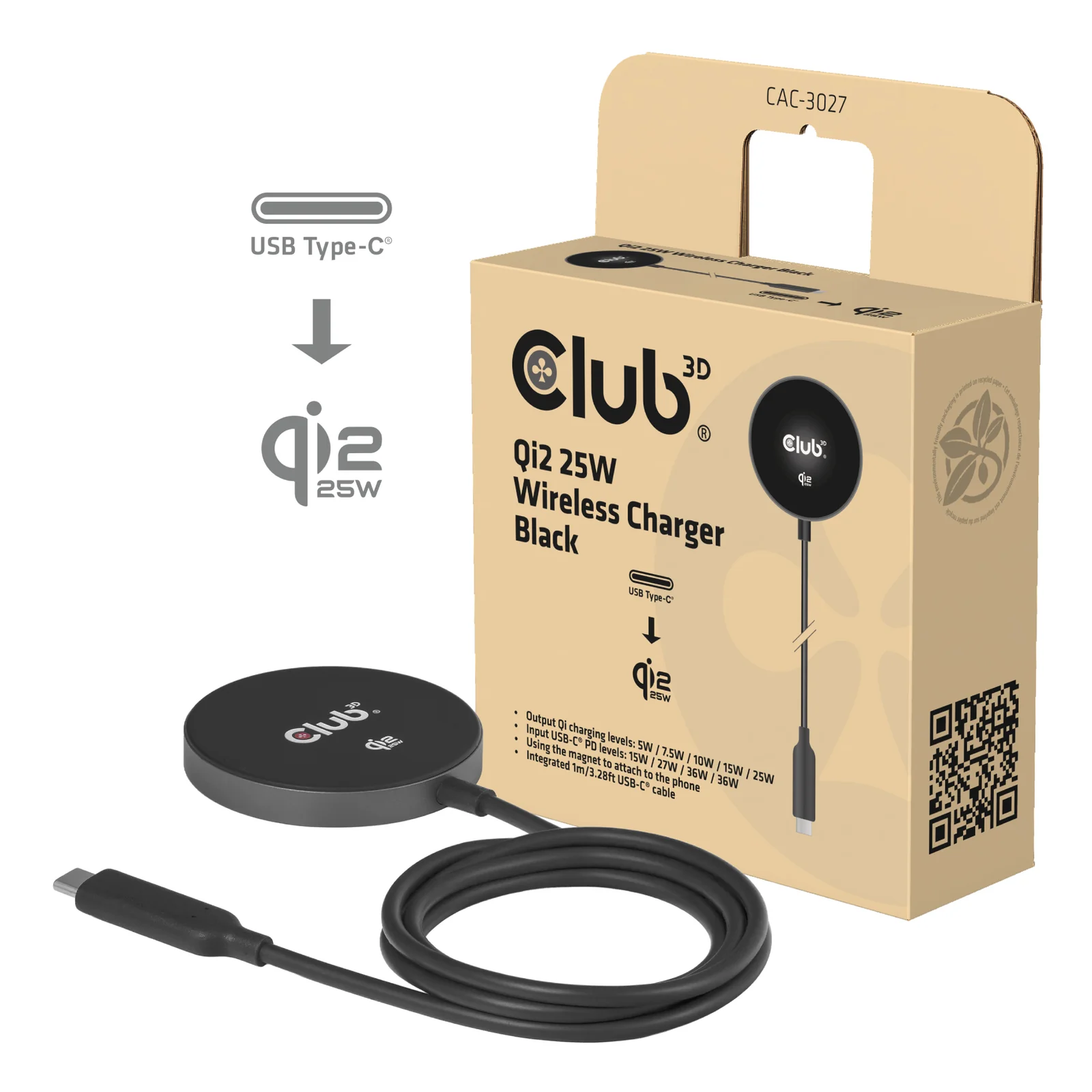 CLUB3D CAC-3027 chargeur d'appareils mobiles Smartphone, Universel Noir CC Recharge sans fil Charge rapide Intérieure