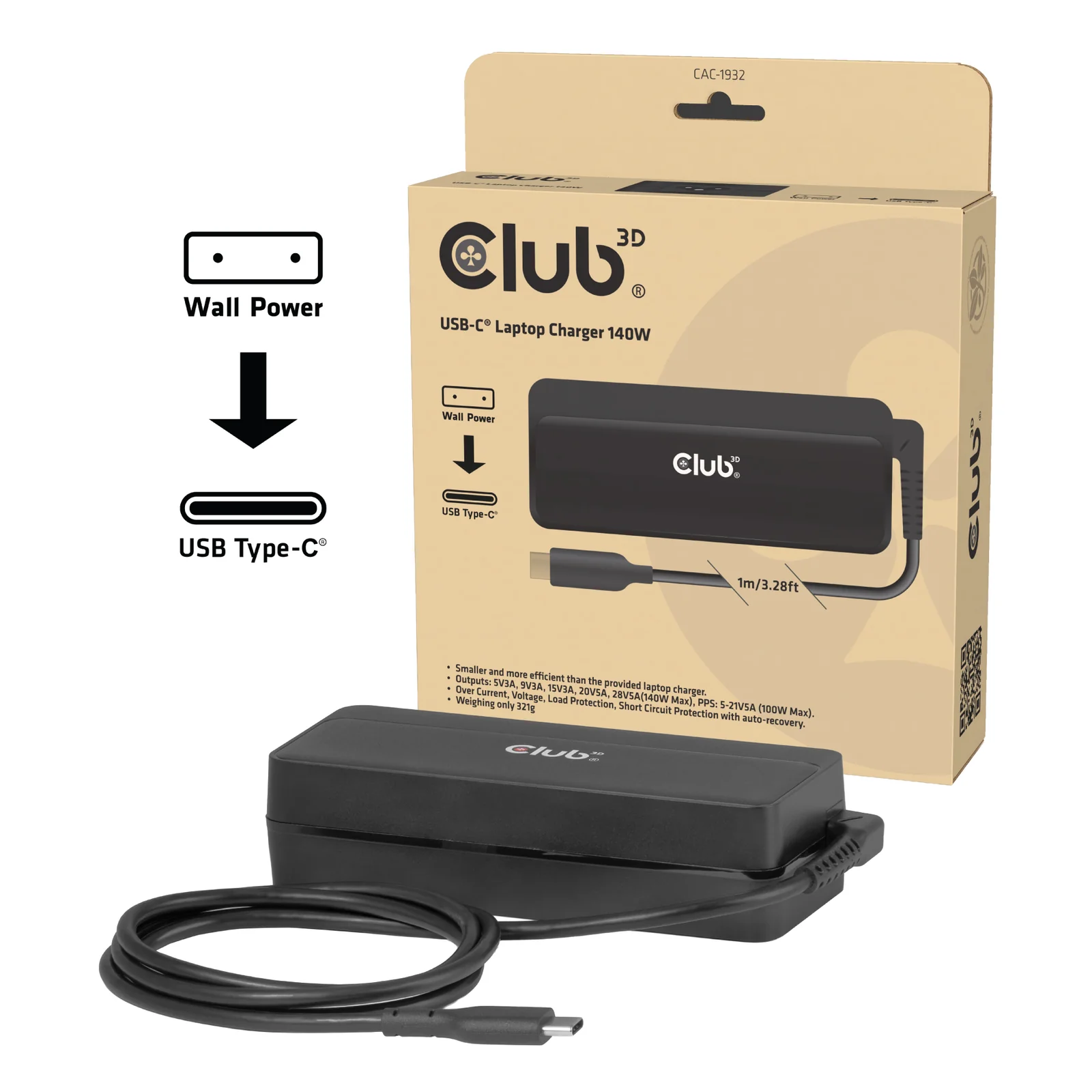 CLUB3D Chargeur USB-C® pour ordinateur portable 140 W