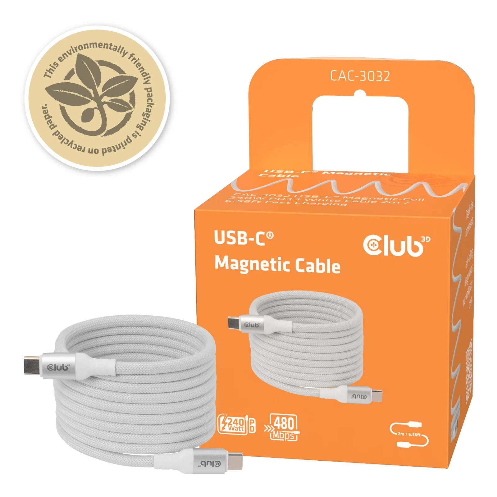 CLUB3D CLUB 3D USB-C Magnetic-Coil Cable White câble USB 2 m USB C 0,48 Gbit/s 240 W Blanc