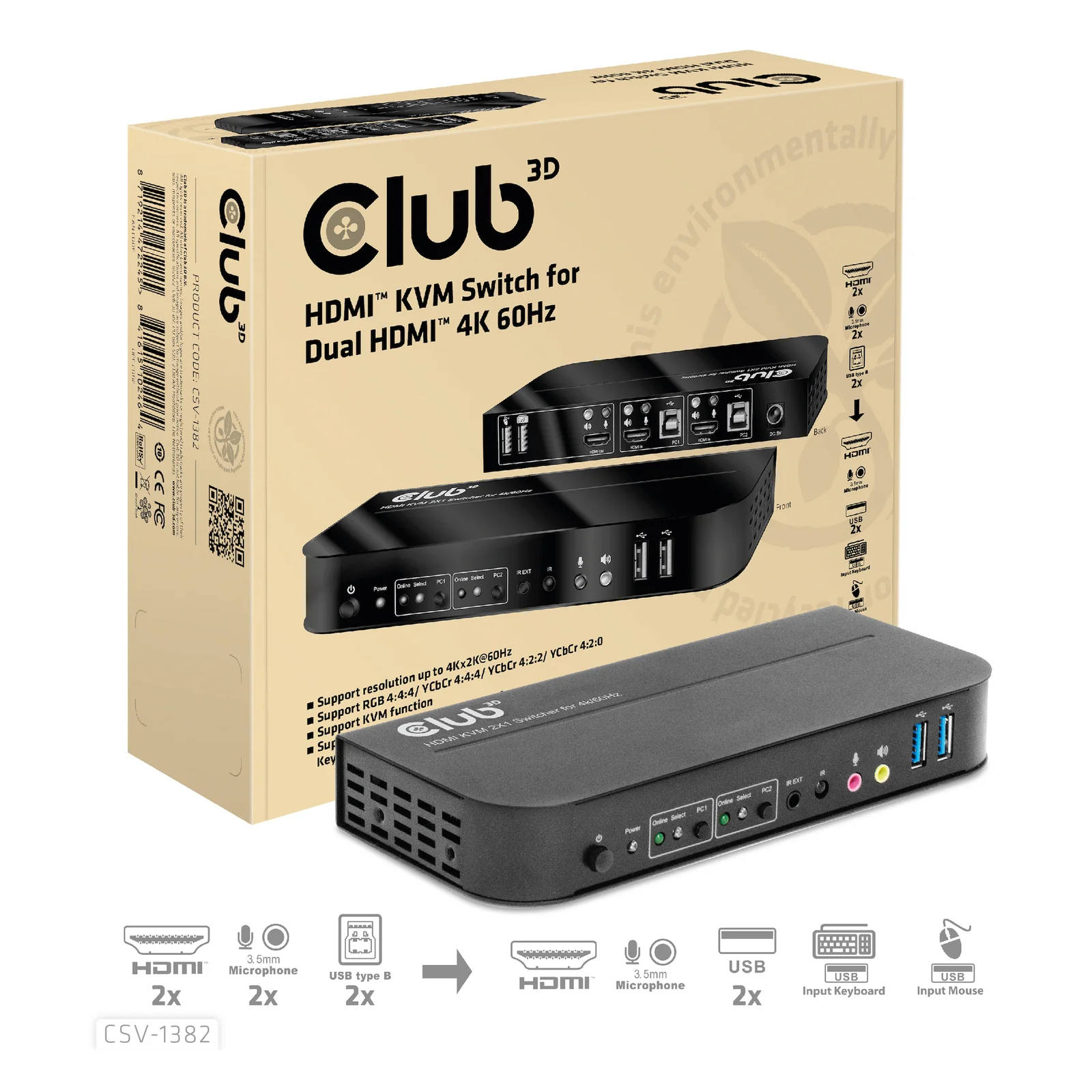 CLUB3D CSV-1382 commutateur écran, clavier et souris Noir
