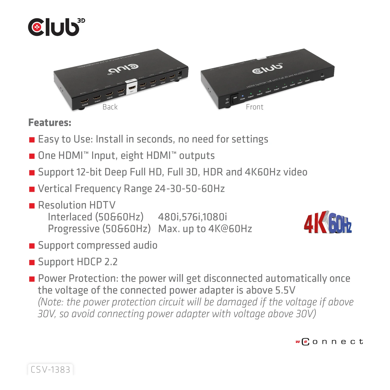 CLUB3D CSV-1383 répartiteur vidéo HDMI 8x HDMI