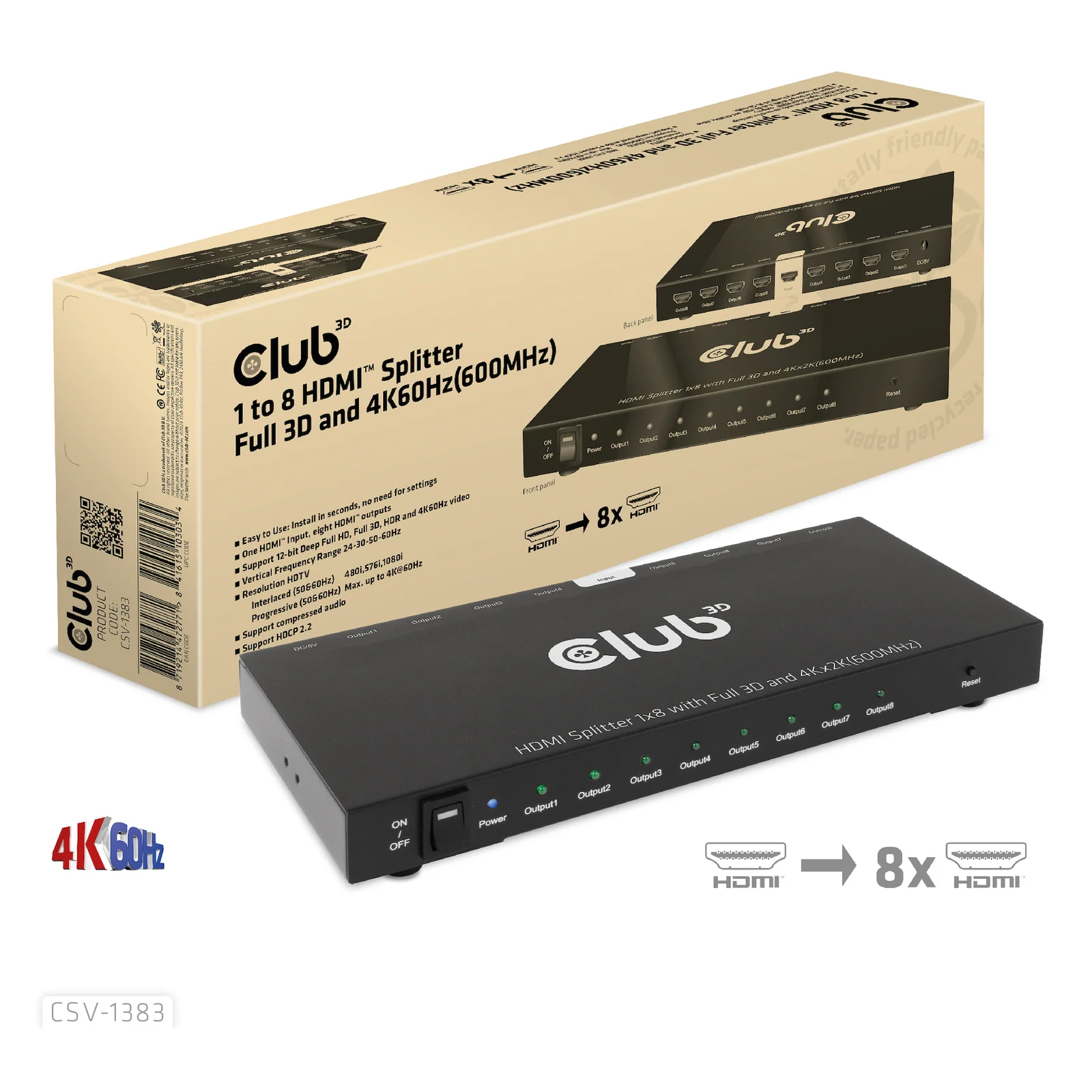 CLUB3D CSV-1383 répartiteur vidéo HDMI 8x HDMI