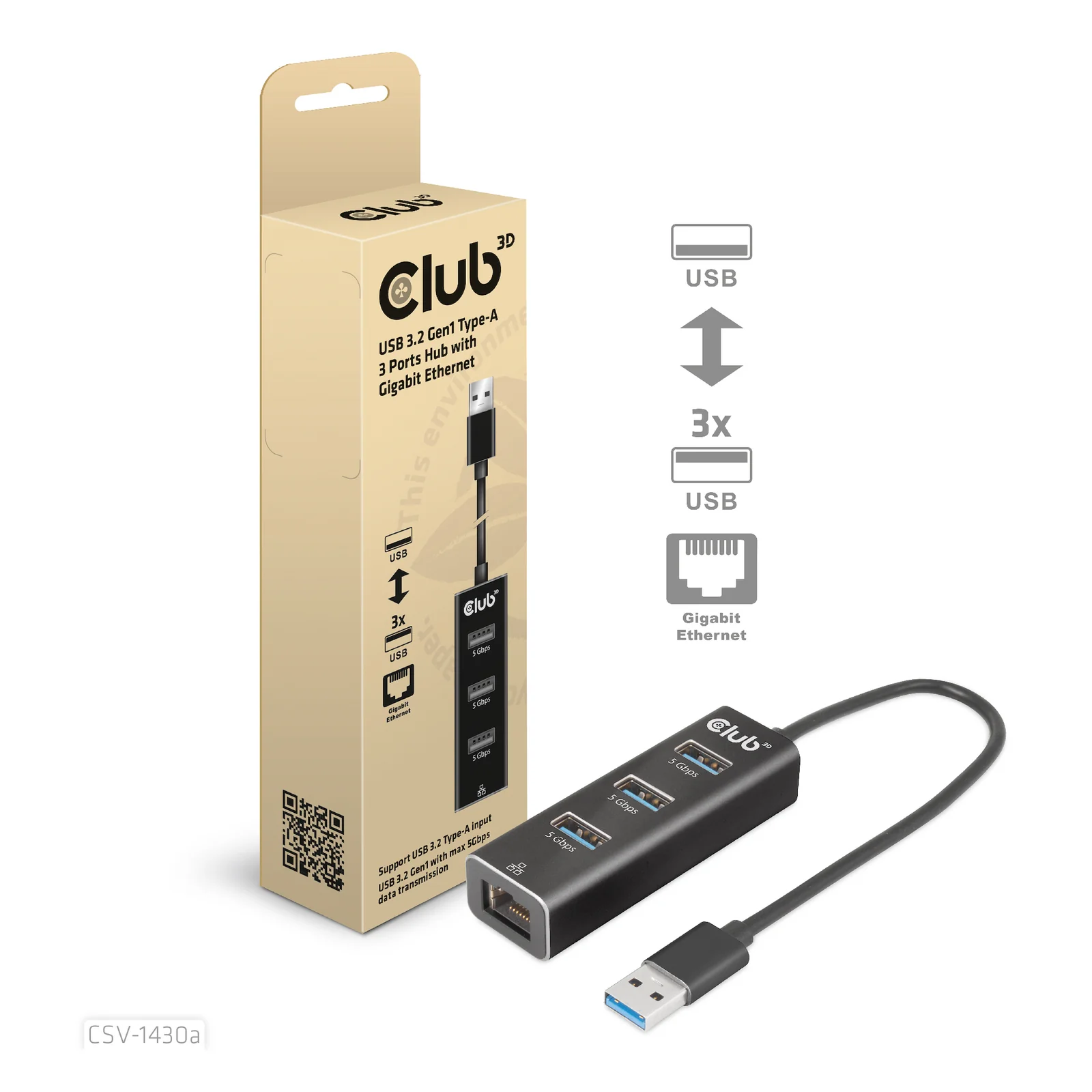CLUB3D CSV-1430a Avec fil USB 3.2 Gen 1 (3.1 Gen 1) Type-A Noir